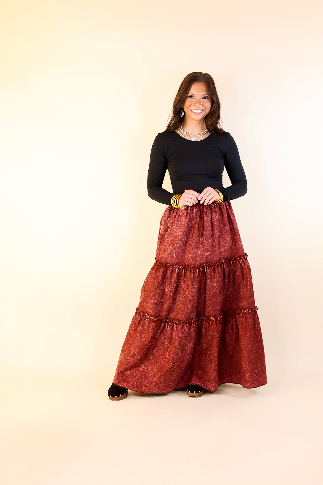 Boho Bliss Acid Wash Tiered Ruffle Maxi Skirt in Dark Rusted Red