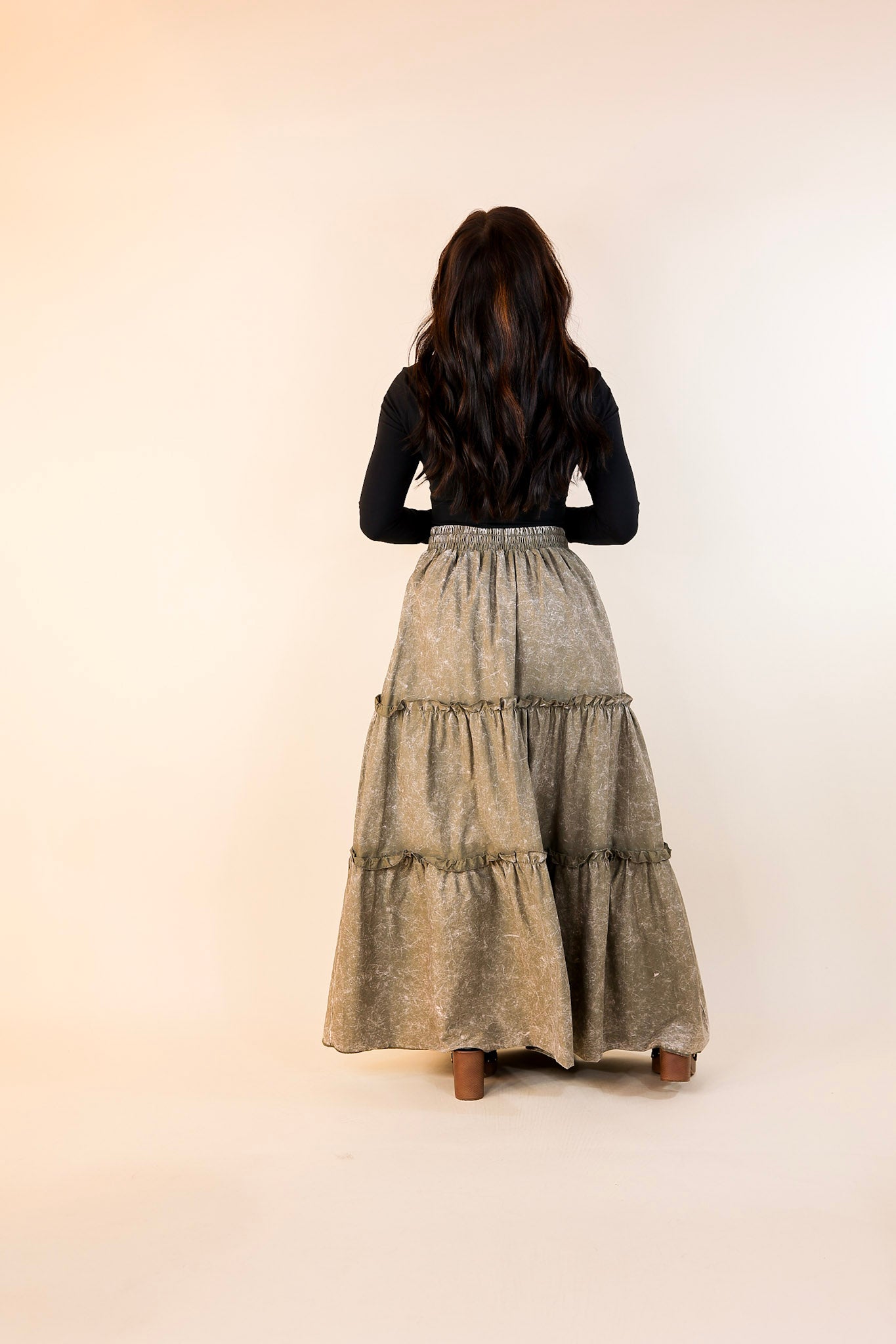 Boho Bliss Acid Wash Tiered Ruffle Maxi Skirt in Olive Green