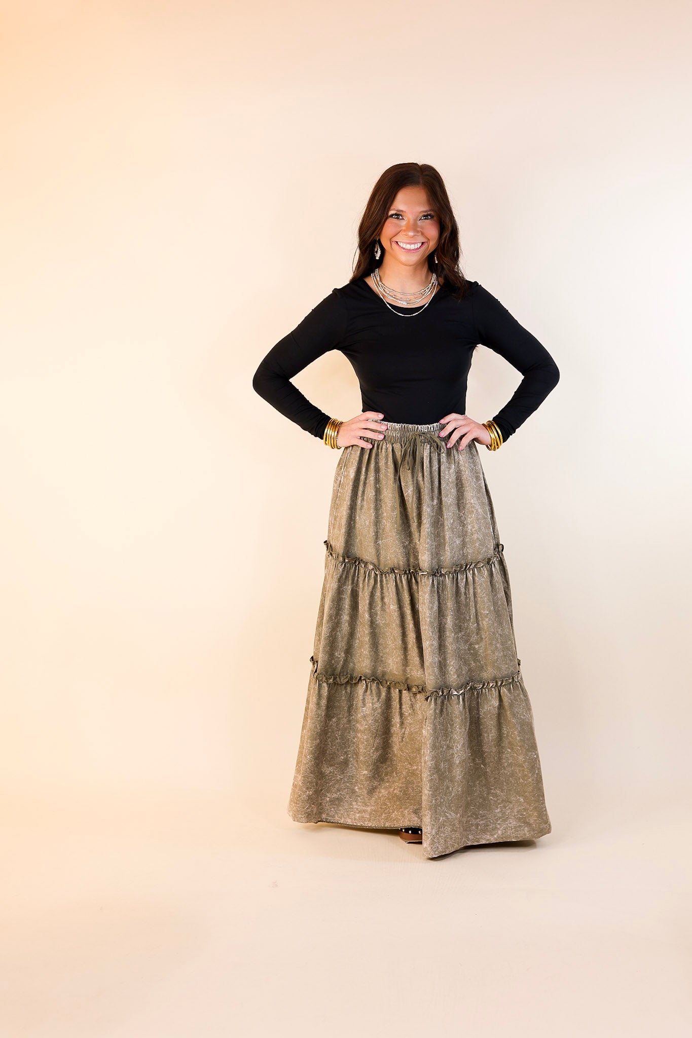 Boho Bliss Acid Wash Tiered Ruffle Maxi Skirt in Olive Green