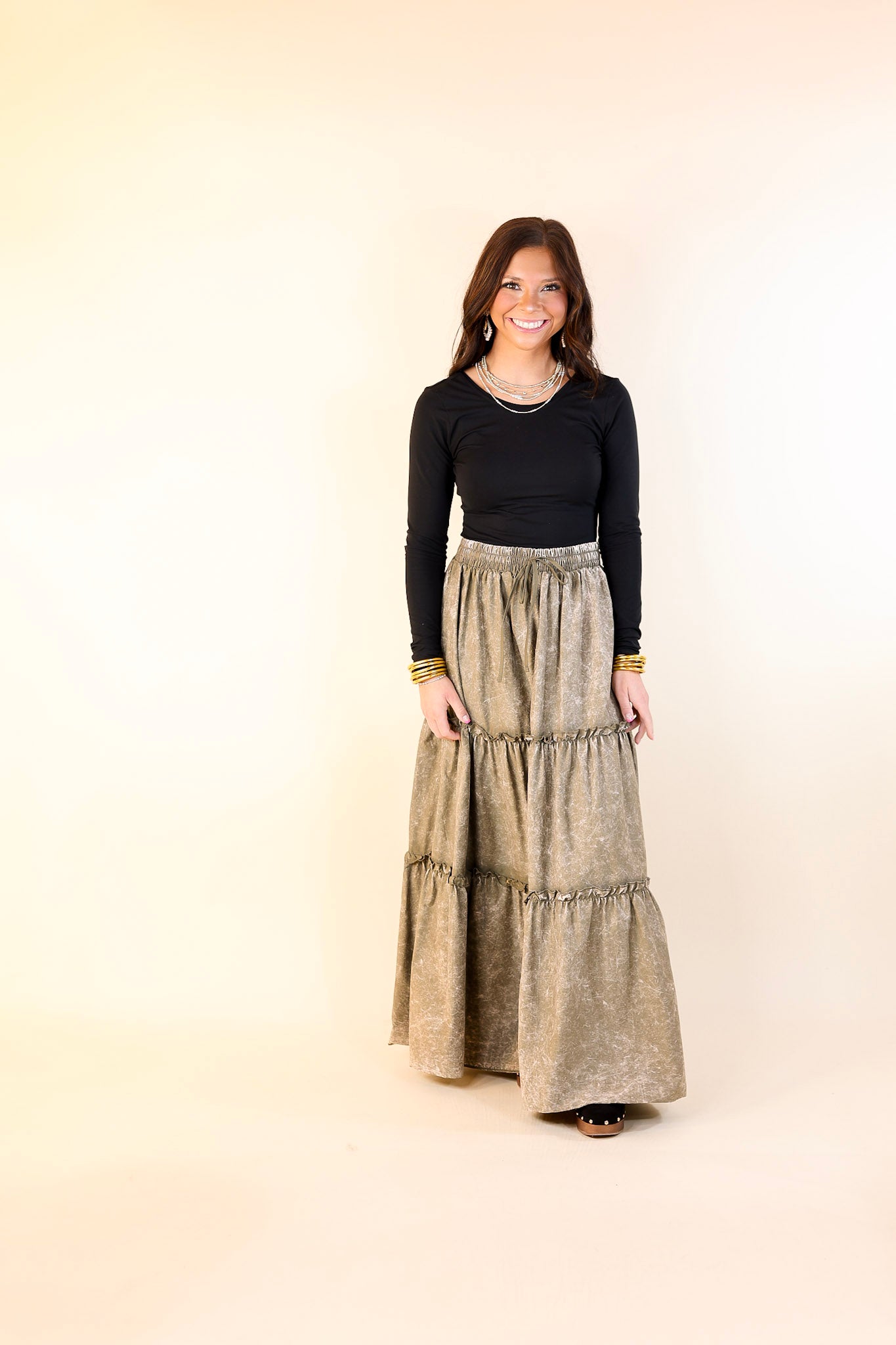 Boho Bliss Acid Wash Tiered Ruffle Maxi Skirt in Olive Green