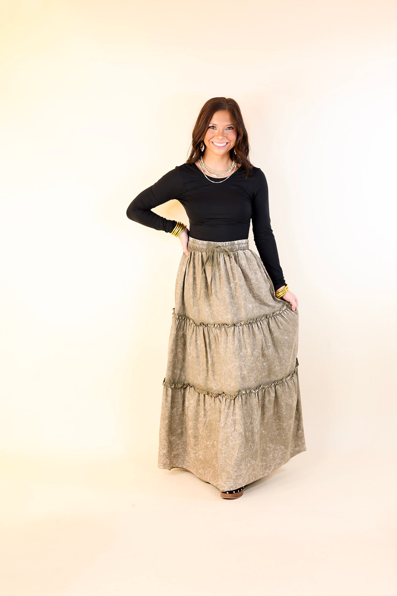 Boho Bliss Acid Wash Tiered Ruffle Maxi Skirt in Olive Green