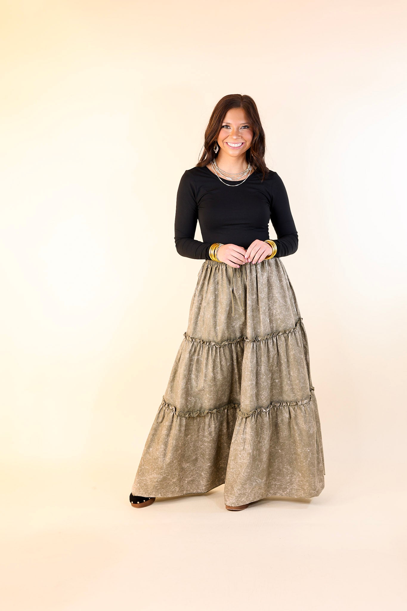 Boho Bliss Acid Wash Tiered Ruffle Maxi Skirt in Olive Green