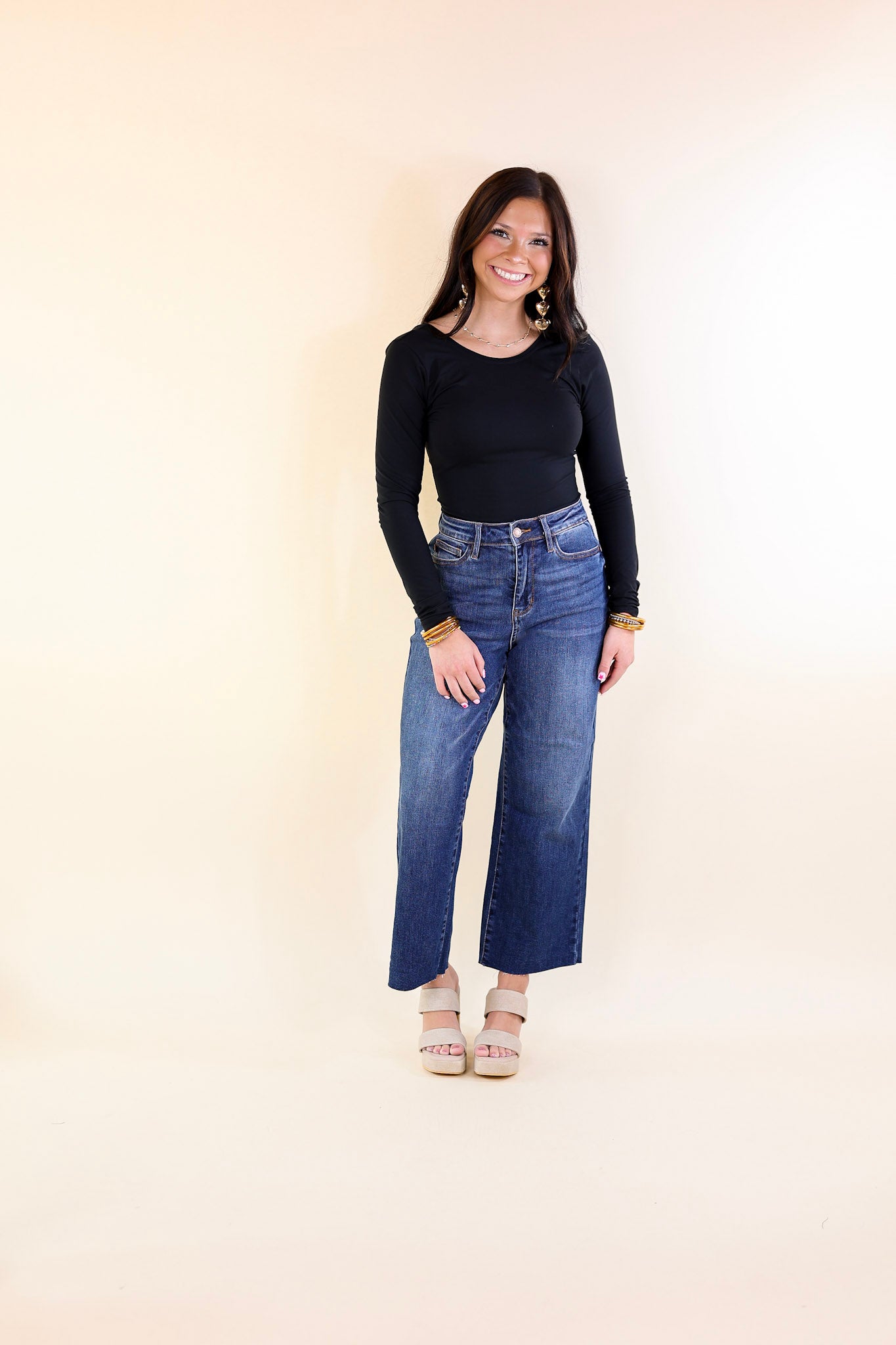 Judy Blue | Subtle Chic Cropped Wide Leg Jean with Back Pocket Embroidery in Dark Wash