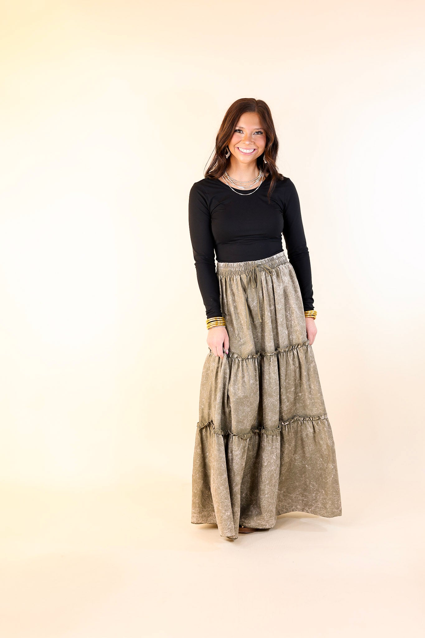 Boho Bliss Acid Wash Tiered Ruffle Maxi Skirt in Olive Green