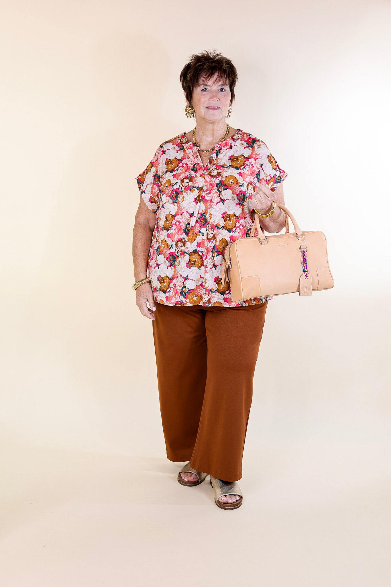 Downtown Darling Floral Print Short Sleeve Tunic Top in Coral Mix