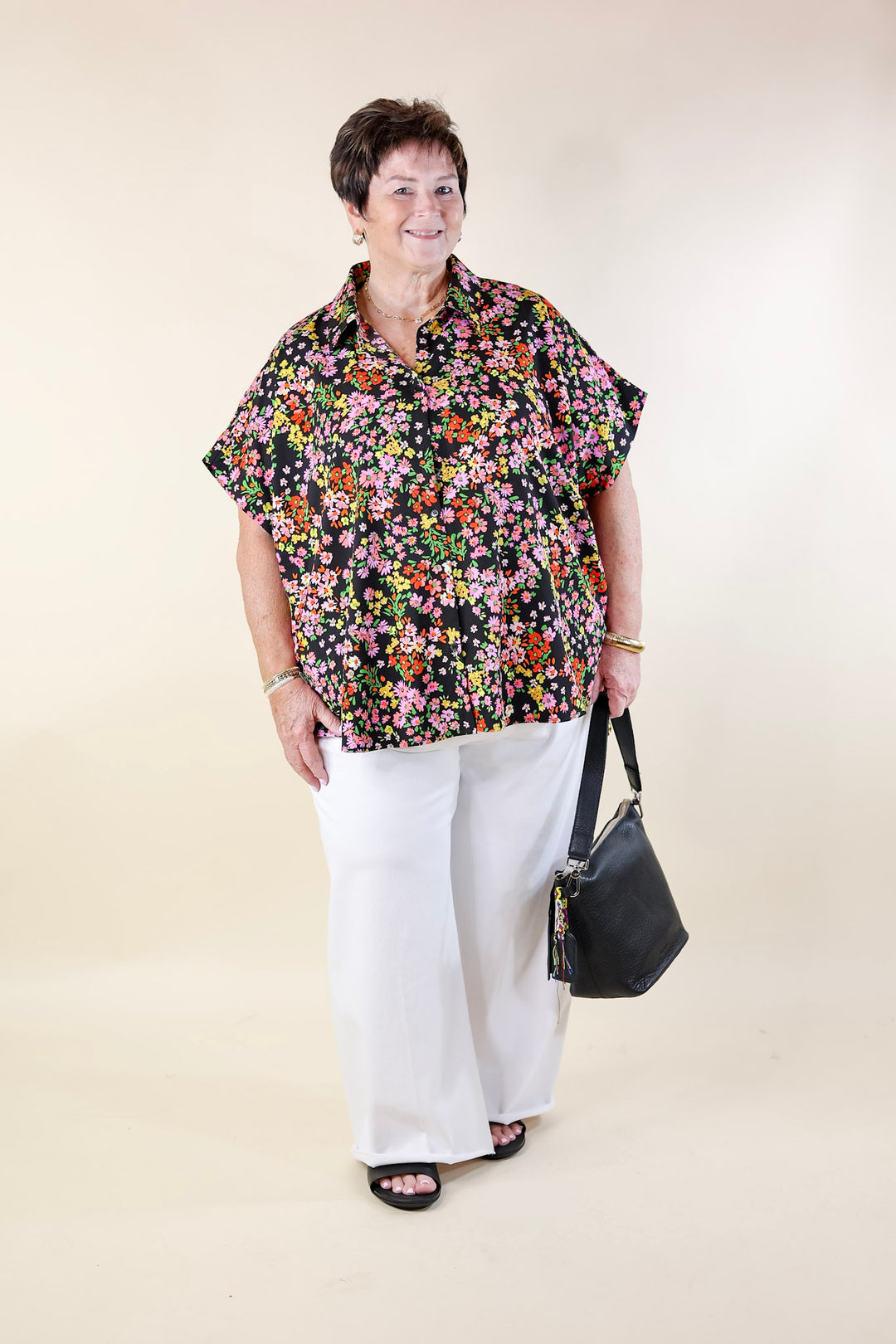 Adventure Awaits Floral Print Top with Collar in Black - Giddy Up Glamour Boutique
