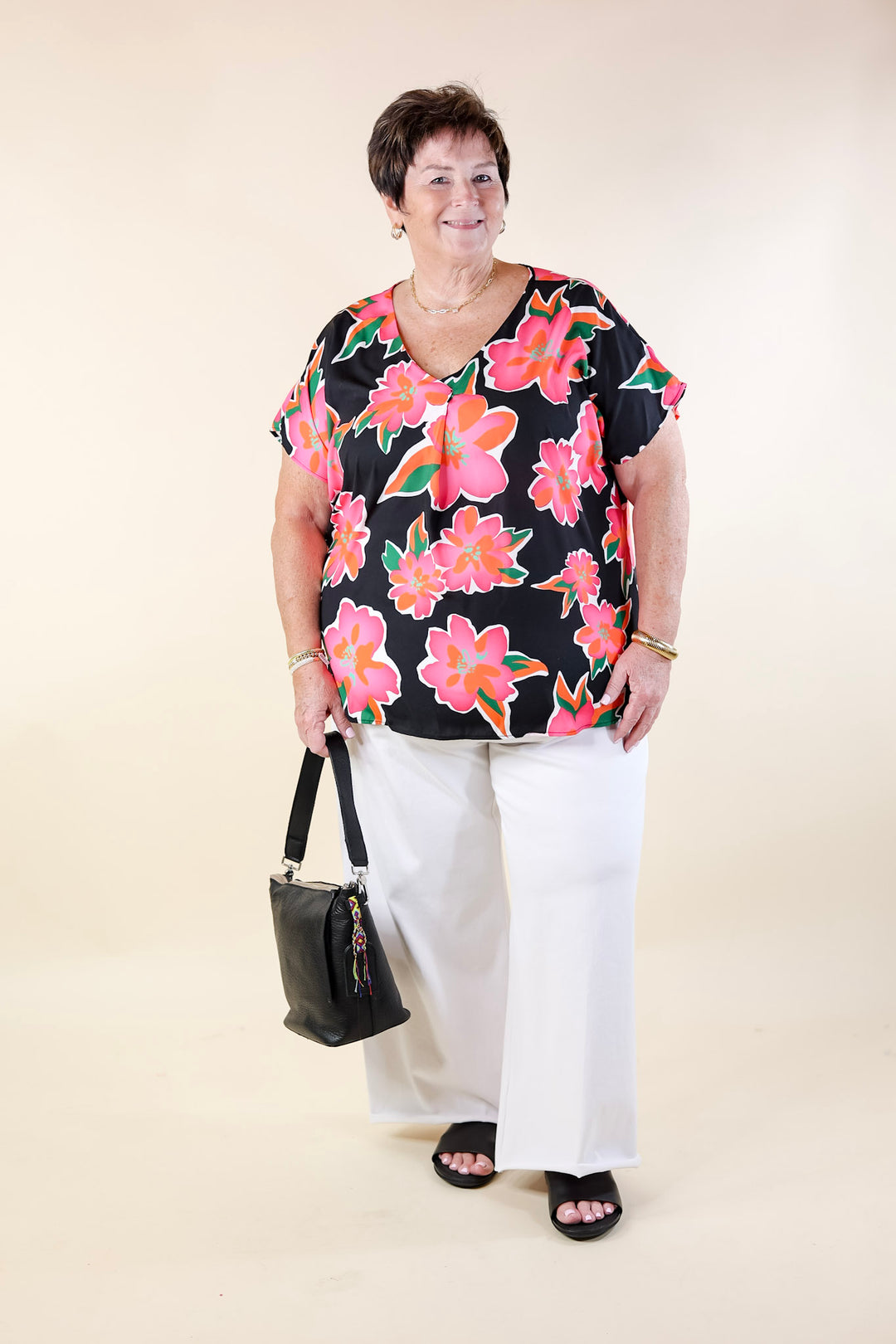 Fresh Bloom Floral Print V Neck Top in Black - Giddy Up Glamour Boutique