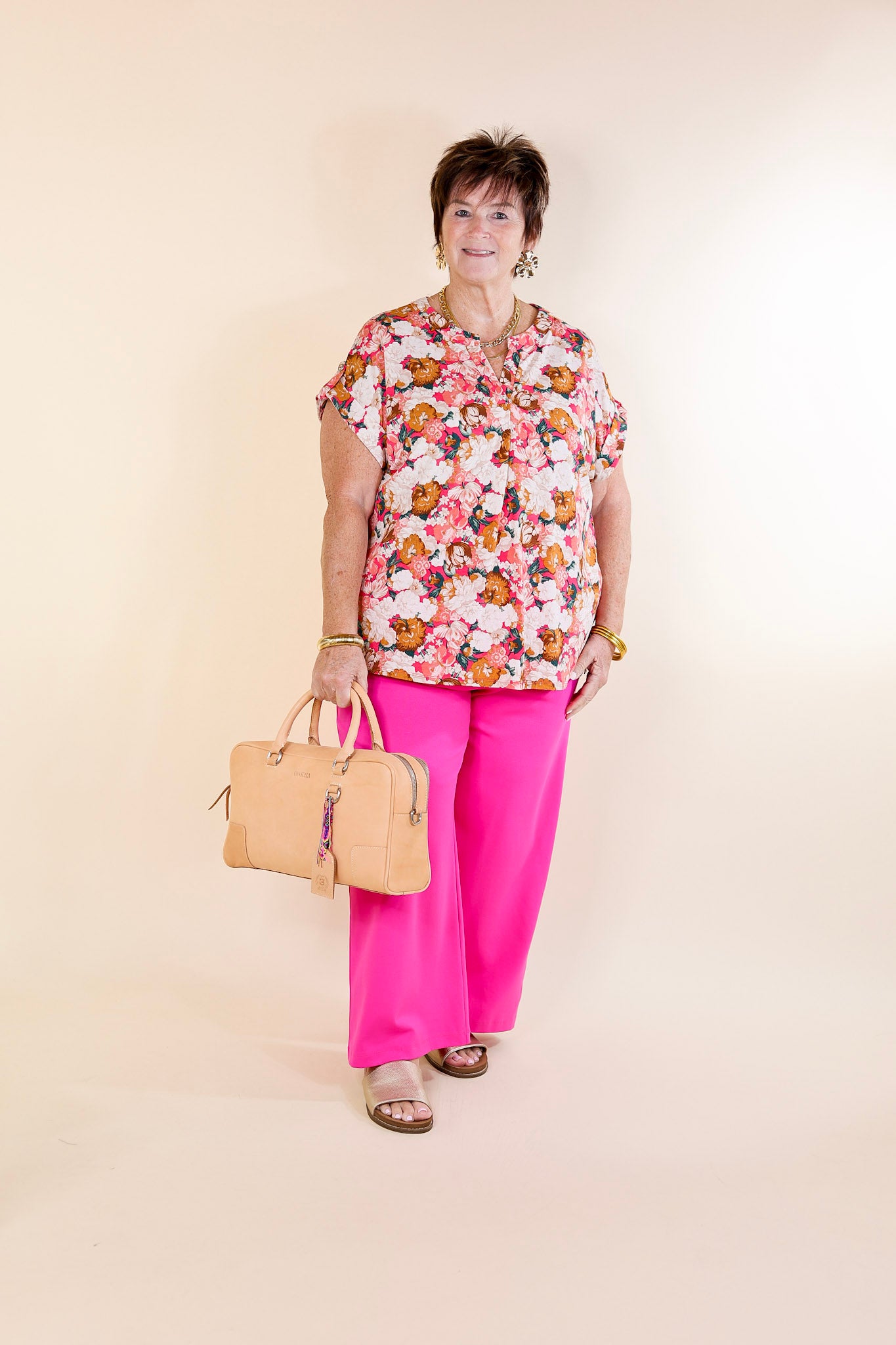 Downtown Darling Floral Print Short Sleeve Tunic Top in Coral Mix