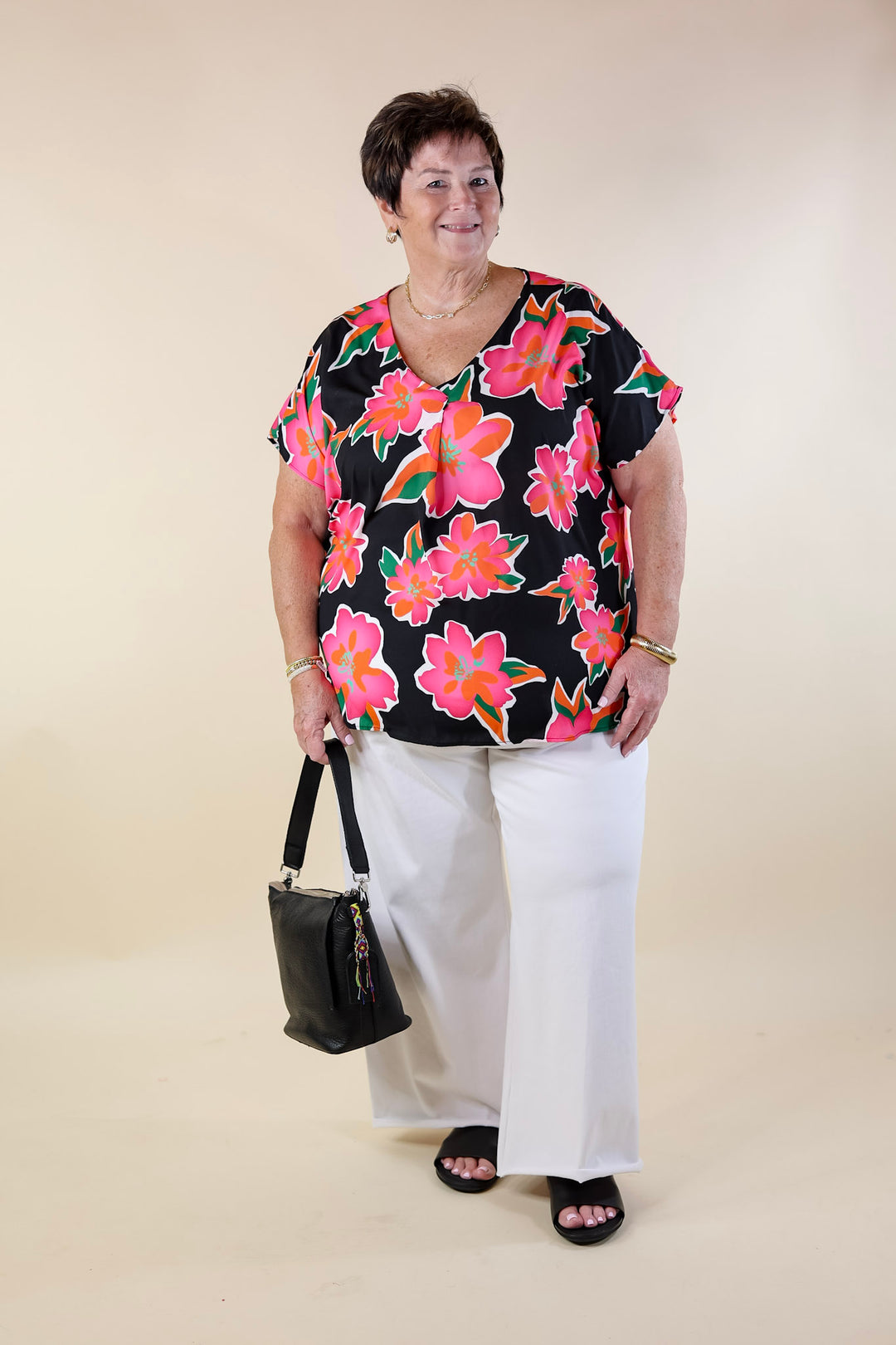 Fresh Bloom Floral Print V Neck Top in Black - Giddy Up Glamour Boutique