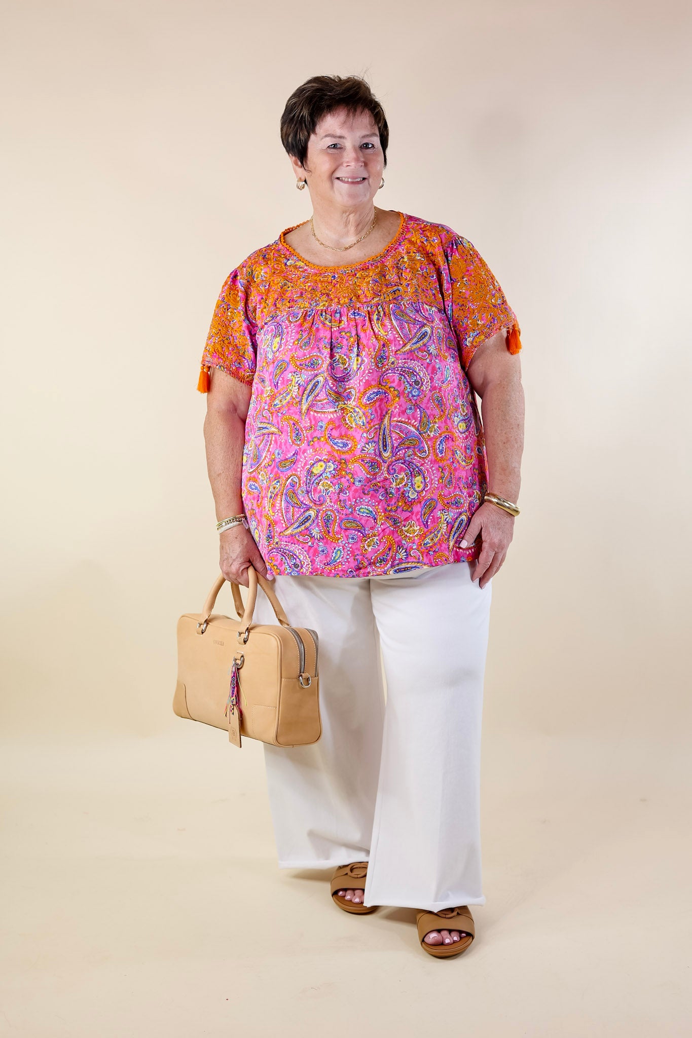 Sweet And Charming Paisley Print Top with Orange Floral Embroidery in Pink - Giddy Up Glamour Boutique