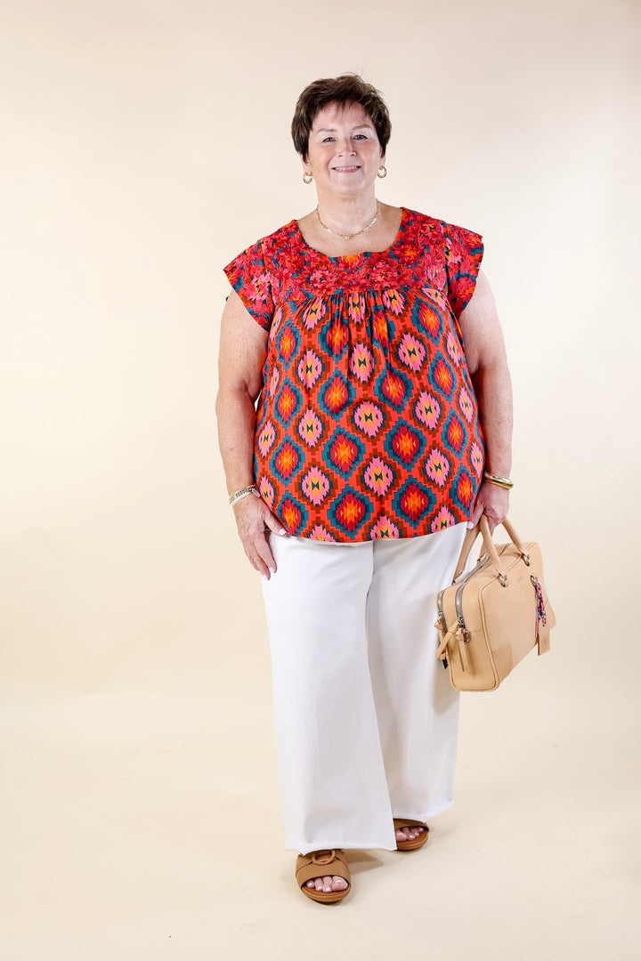 Festival Weather Magenta Embroidered Southwestern Print Top with Cap Sleeves in Multi Mix - Giddy Up Glamour Boutique
