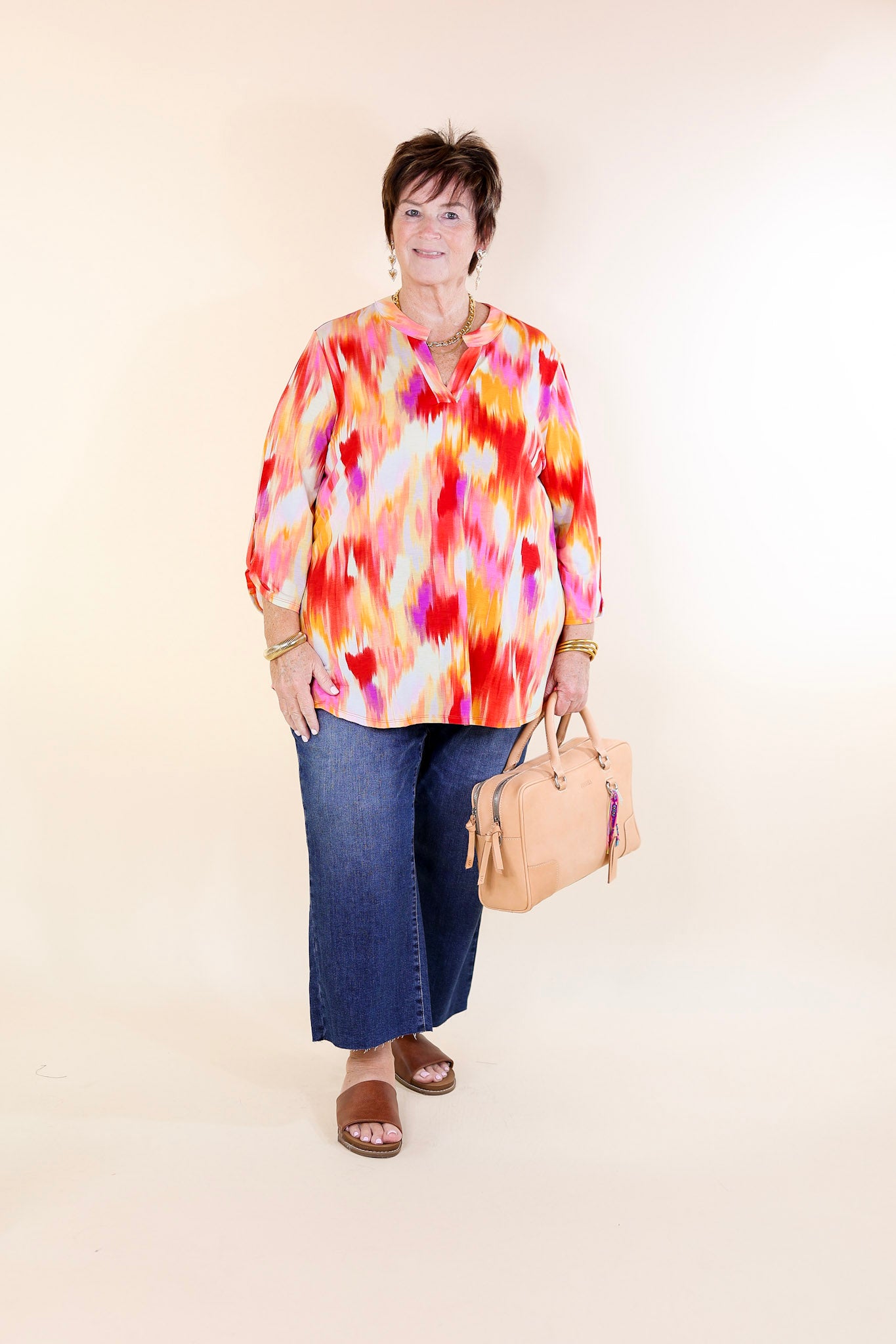 Urban Elegance Watercolor 3/4 Sleeve Tunic Top in Red Mix