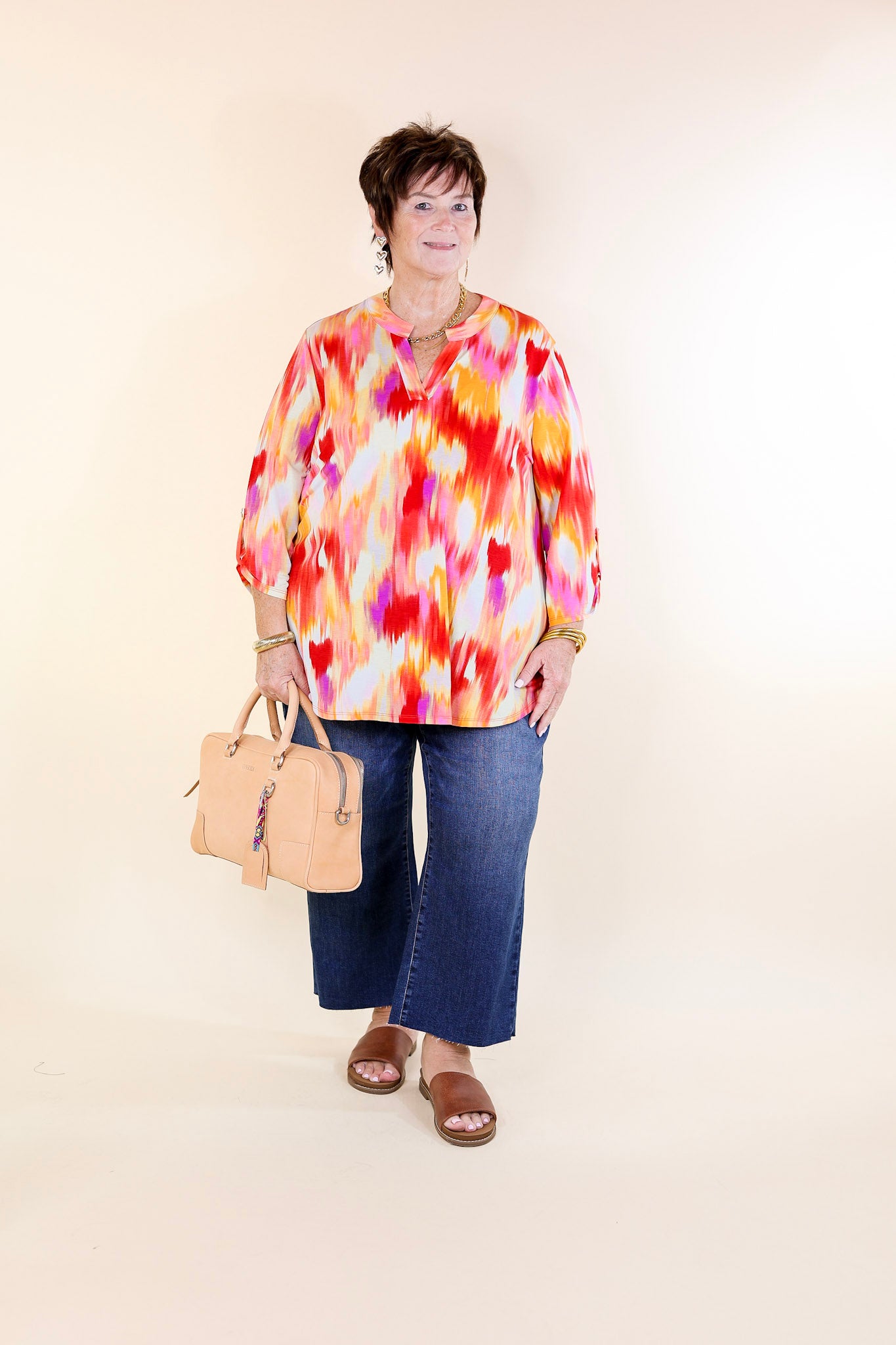 Urban Elegance Watercolor 3/4 Sleeve Tunic Top in Red Mix