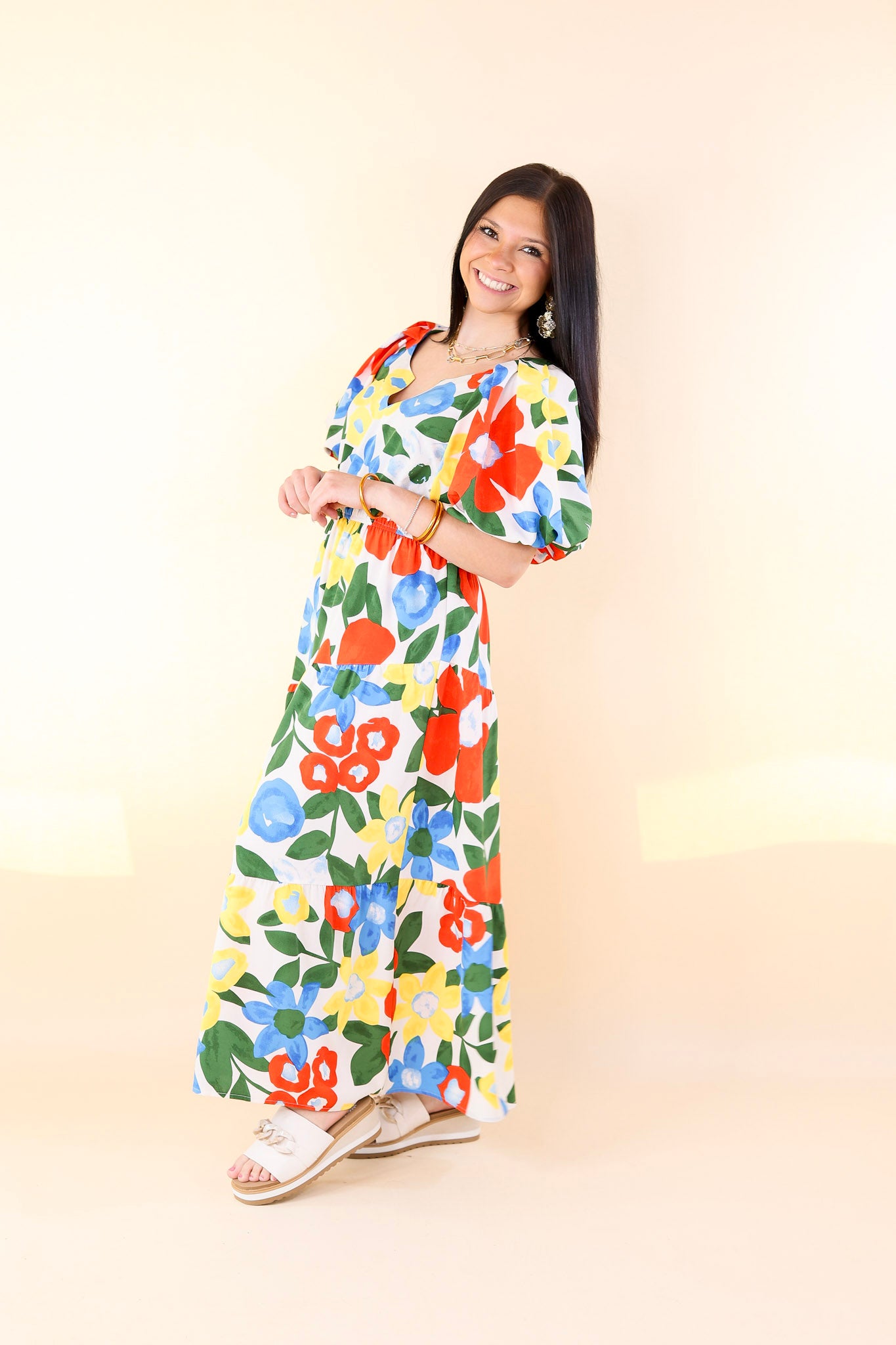 Gramercy Garden Floral Midi Dress with Short Balloon Sleeves in White - Giddy Up Glamour Boutique