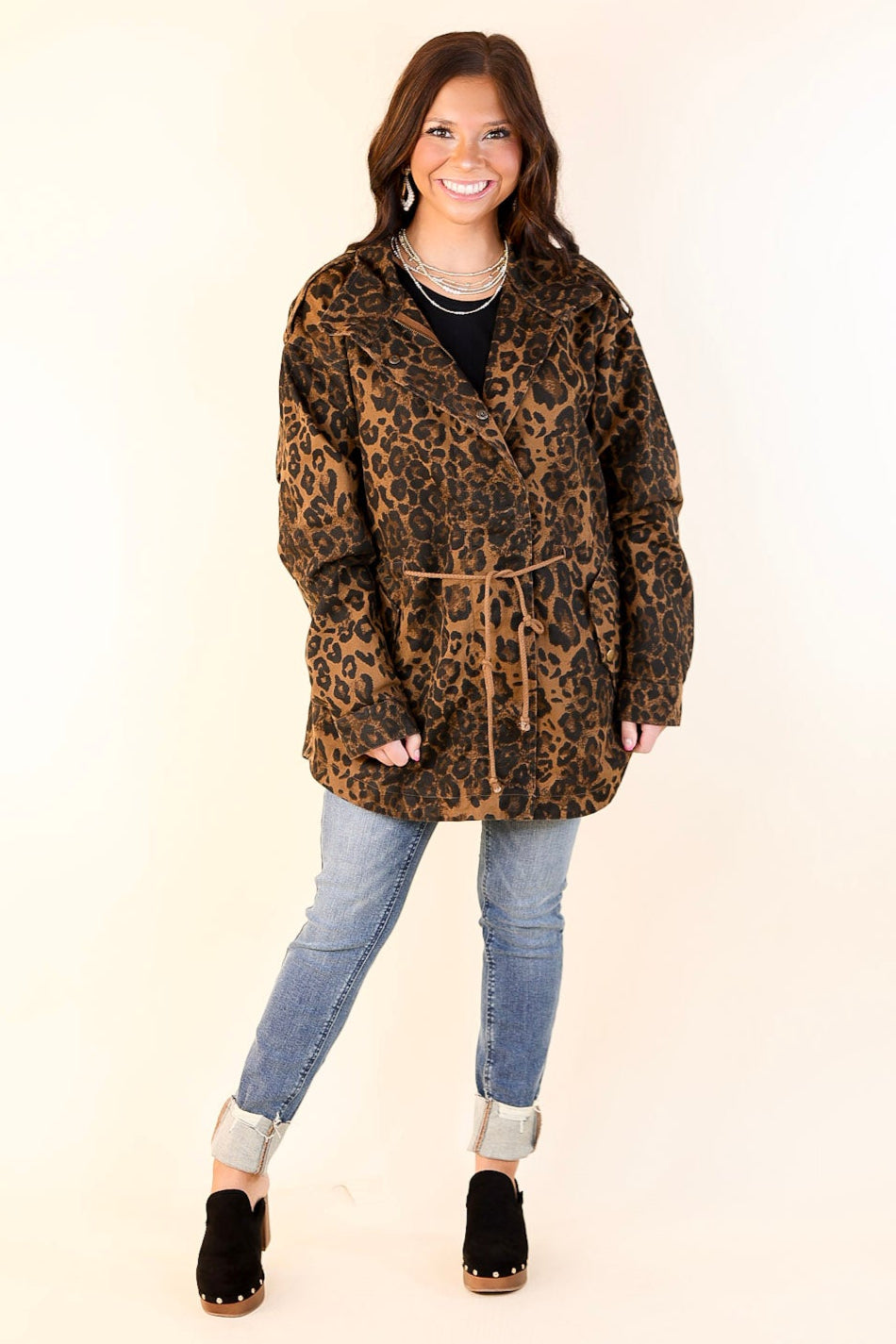 Colder Weather Button and Zip Up Utility Jacket in Leopard Print
