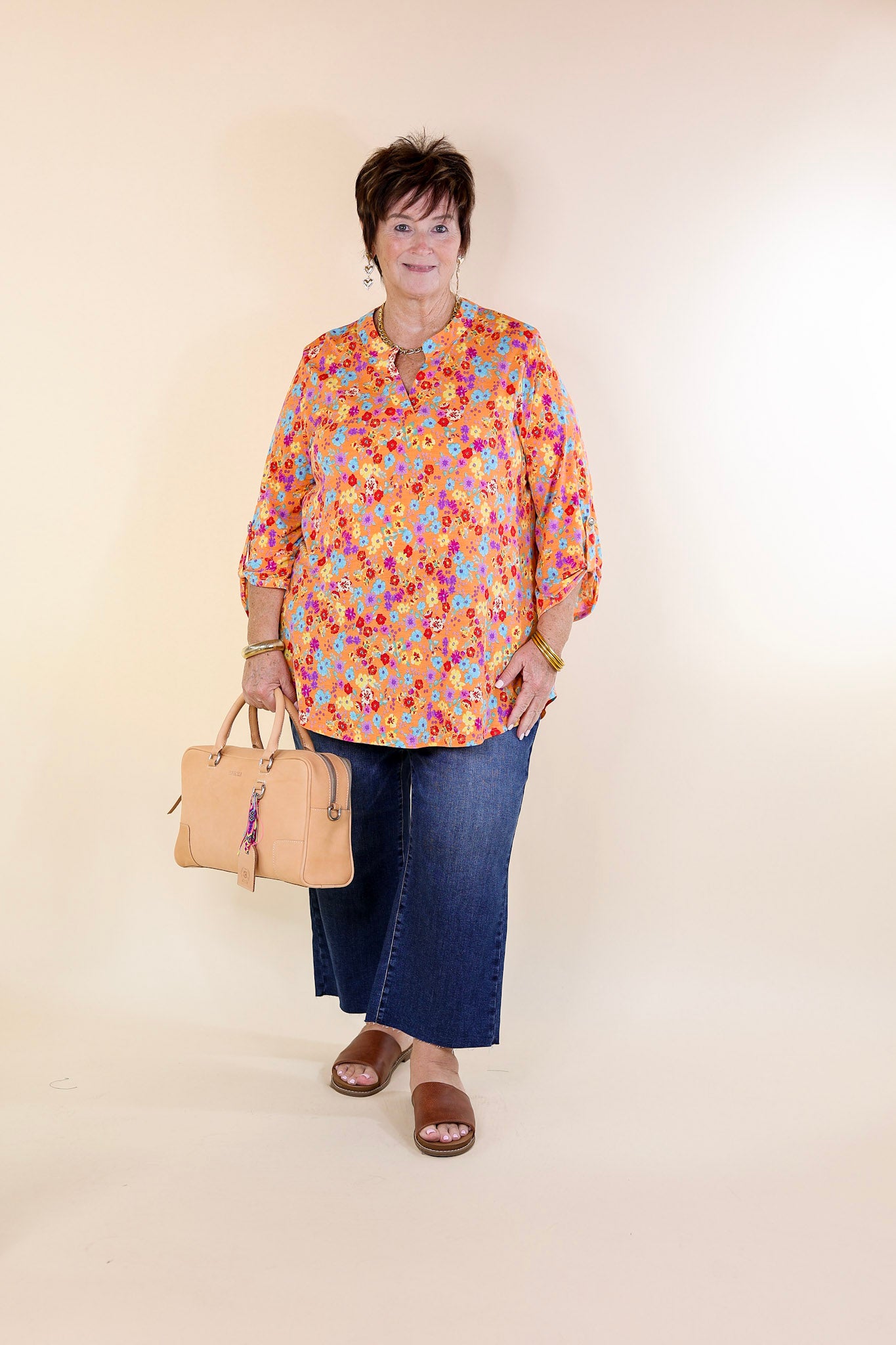 Urban Elegance Floral Print 3/4 Sleeve Tunic Top in Orange