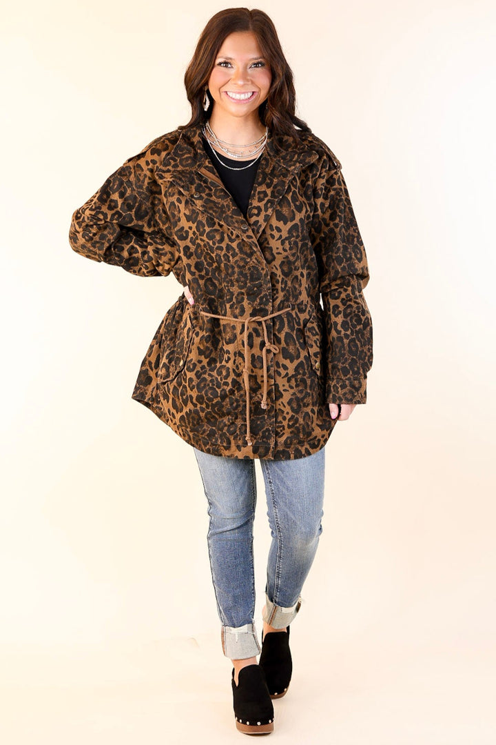 Colder Weather Button and Zip Up Utility Jacket in Leopard Print