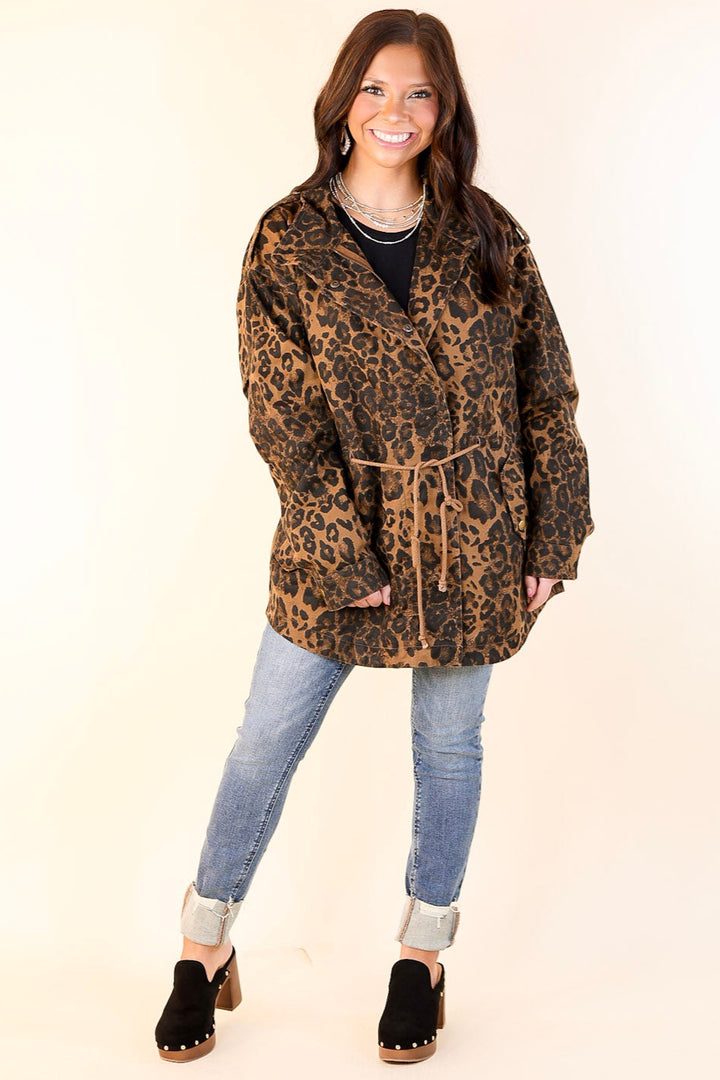 Colder Weather Button and Zip Up Utility Jacket in Leopard Print