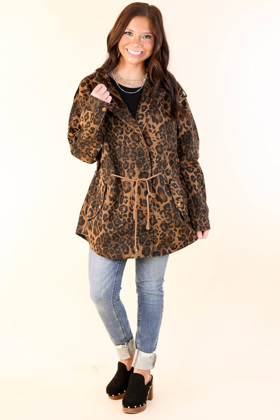 Colder Weather Button and Zip Up Utility Jacket in Leopard Print