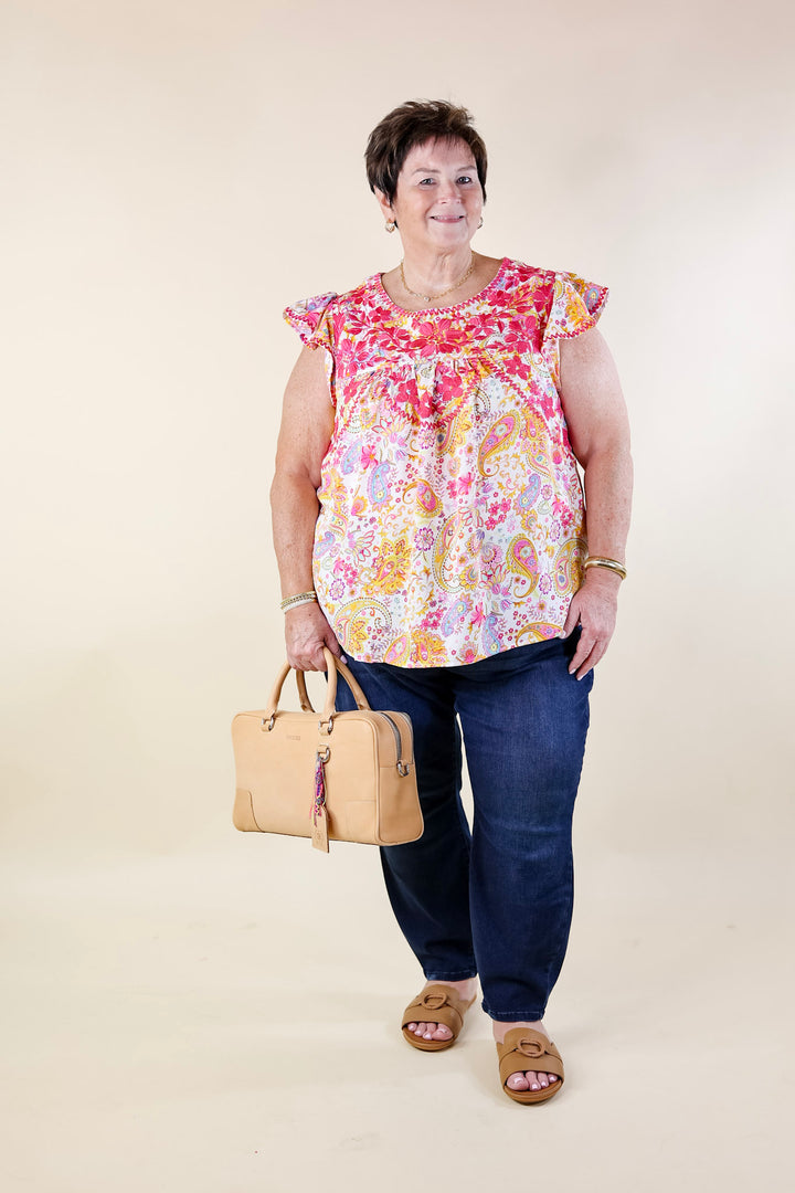 Serene Splendor Paisley Print Top with Pink Floral Embroidery in White - Giddy Up Glamour Boutique