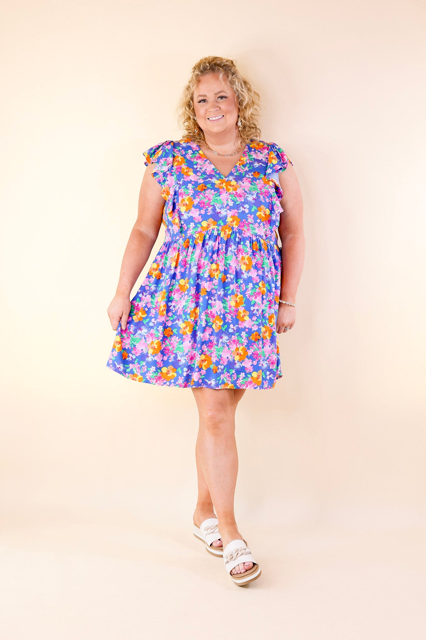 Sunshine On My Mind Floral Ruffle Cap Sleeve Dress in Blue - Giddy Up Glamour Boutique