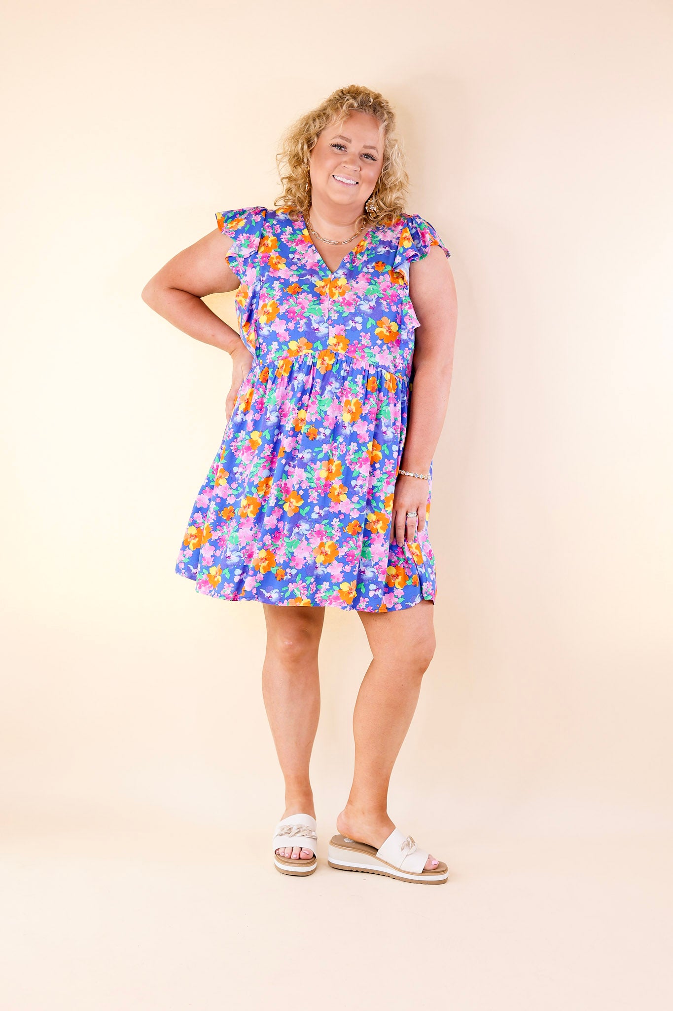 Sunshine On My Mind Floral Ruffle Cap Sleeve Dress in Blue - Giddy Up Glamour Boutique