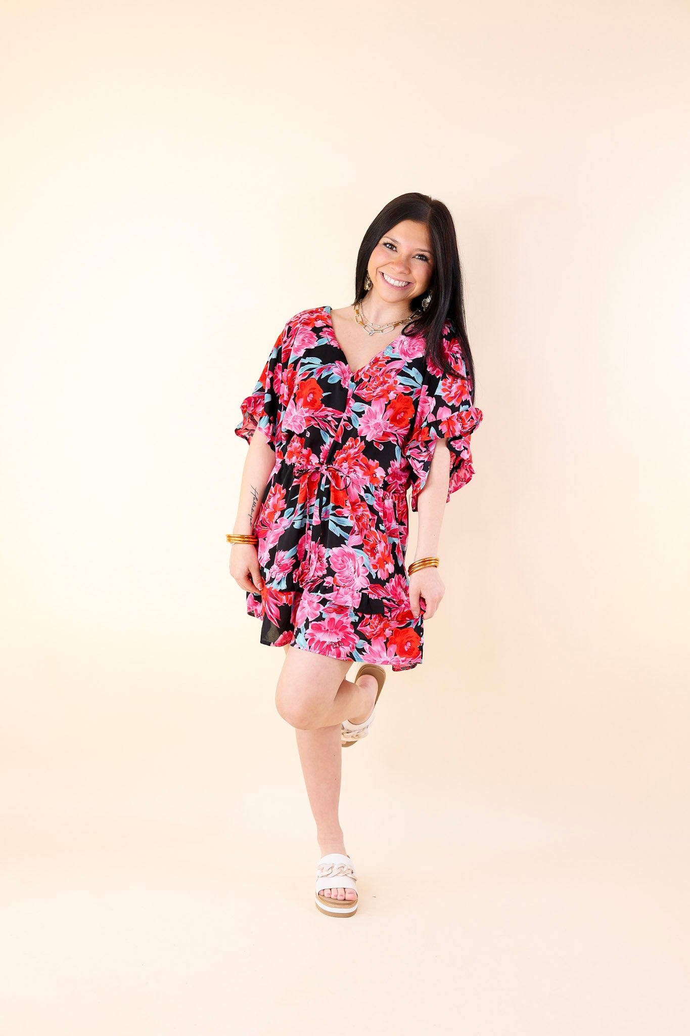 Sending Good Luck Floral Print Drawstring Romper in Black - Giddy Up Glamour Boutique