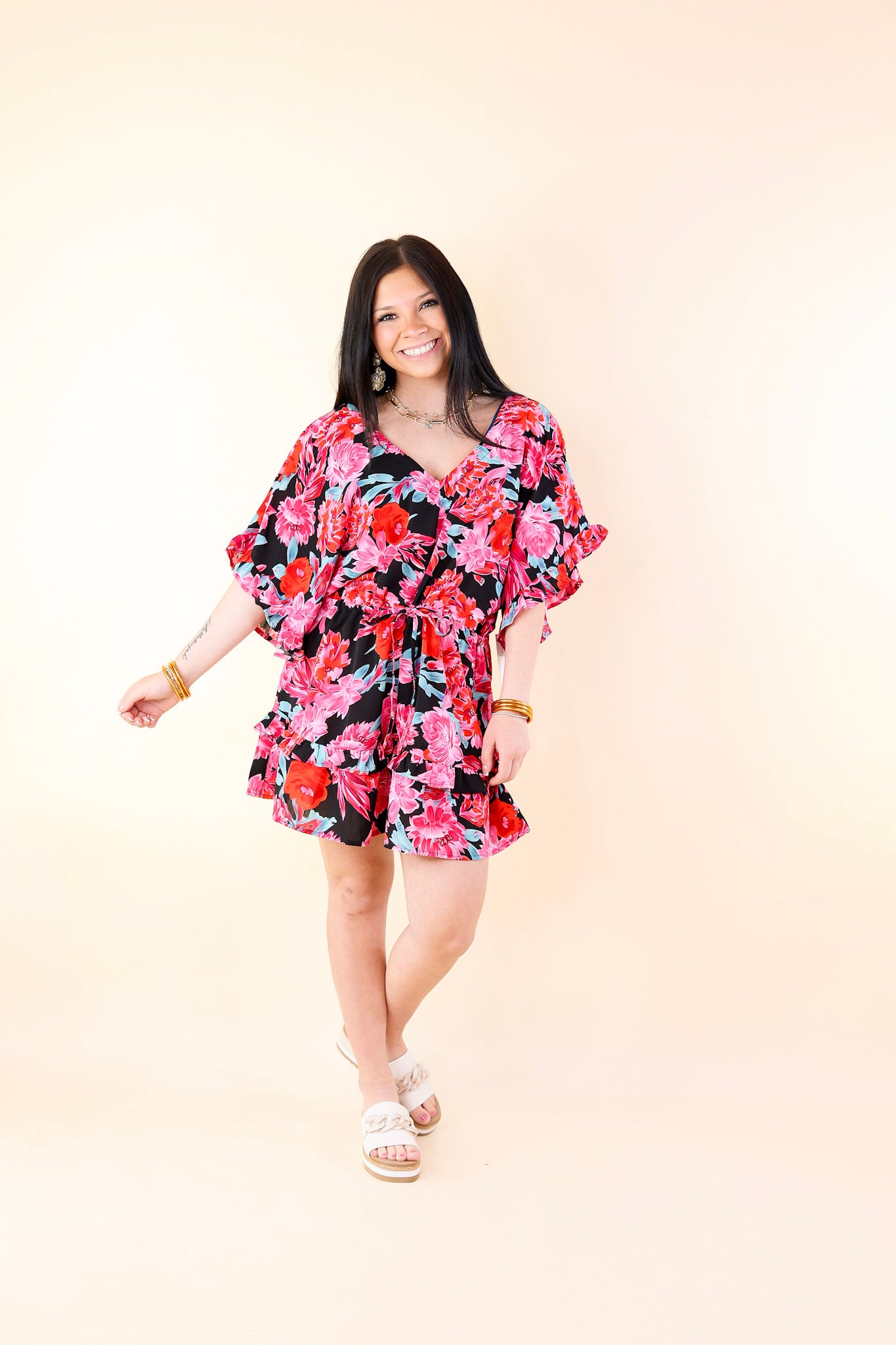 Sending Good Luck Floral Print Drawstring Romper in Black - Giddy Up Glamour Boutique