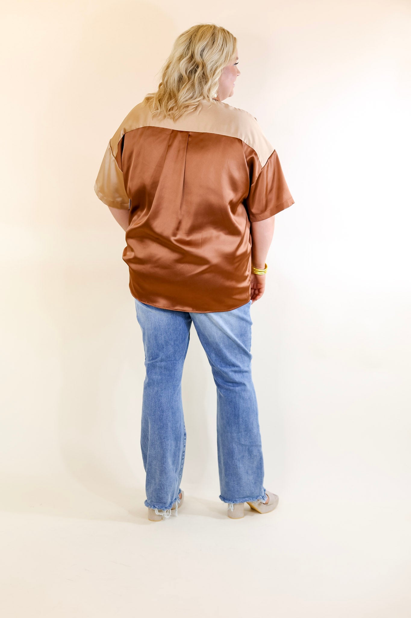 Meant To Be Happy Button Up Color Block Satin Top in Brown Mix