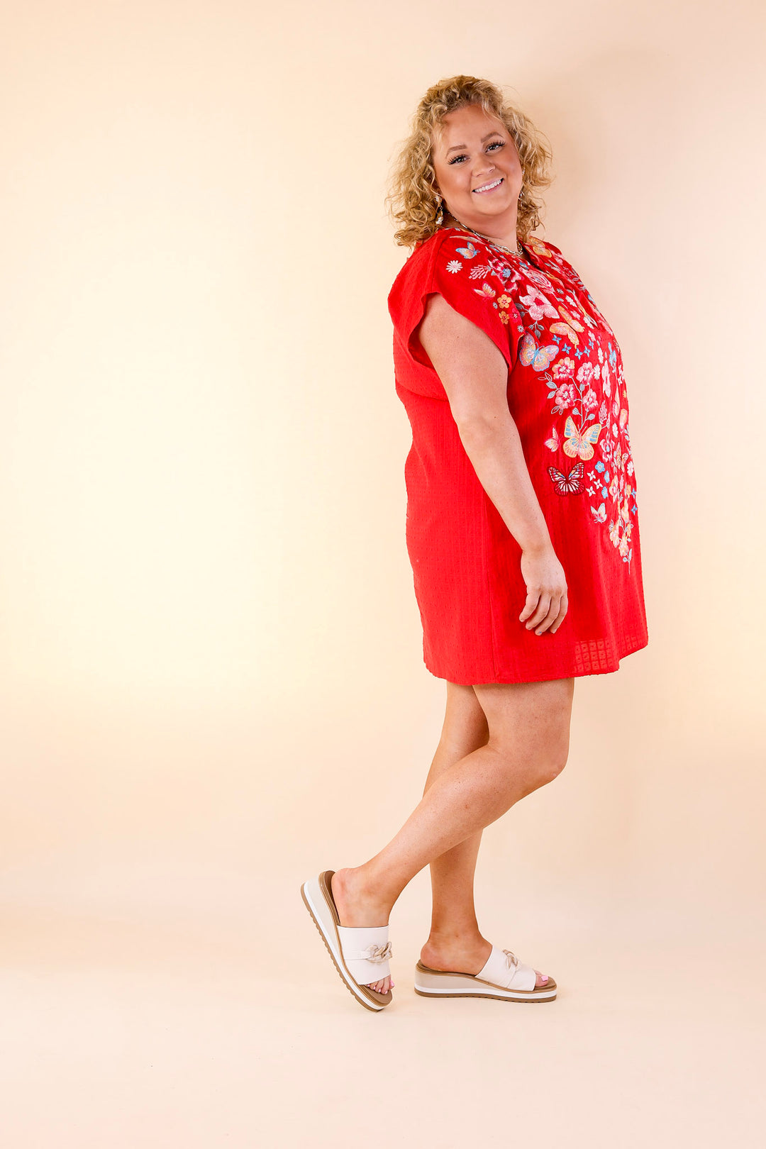 Lovely Feeling Floral Embroidered Dress with a Notched Neckline in Red - Giddy Up Glamour Boutique