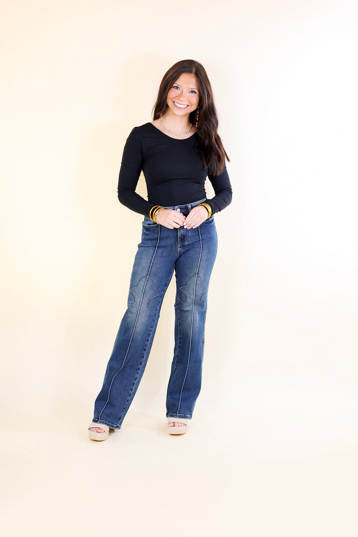 Judy Blue | Western Wanderer Straight Leg Jean with Western Seam Detail in Dark Wash