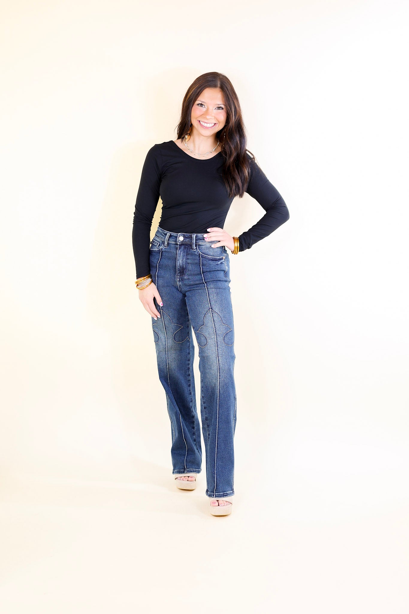 Judy Blue | Western Wanderer High Waisted Straight Leg Jean with Western Seam Detail in Dark Wash