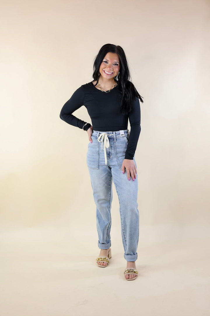 Judy Blue | Keep It A Secret Relaxed Pull on Jean Joggers in Light Wash - Giddy Up Glamour Boutique