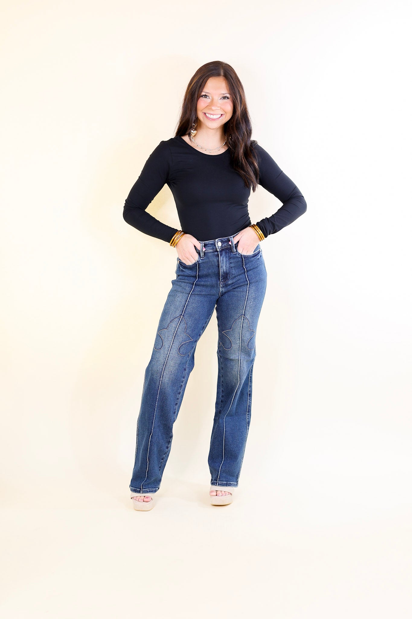 Judy Blue | Western Wanderer High Waisted Straight Leg Jean with Western Seam Detail in Dark Wash