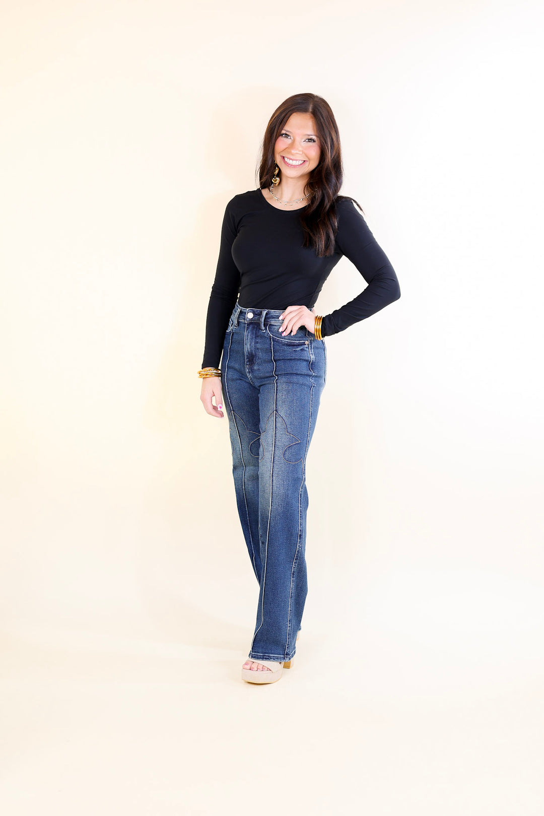 Judy Blue | Western Wanderer Straight Leg Jean with Western Seam Detail in Dark Wash