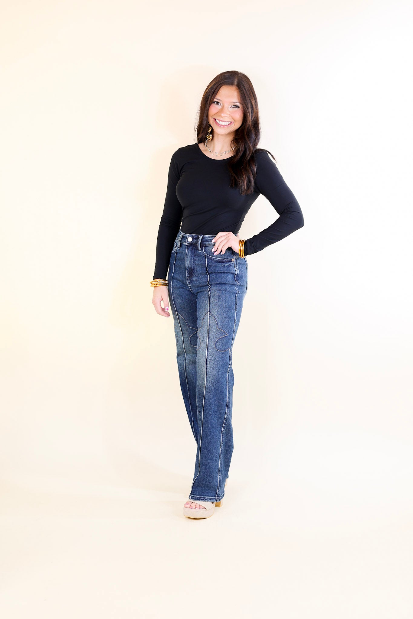 Judy Blue | Western Wanderer High Waisted Straight Leg Jean with Western Seam Detail in Dark Wash