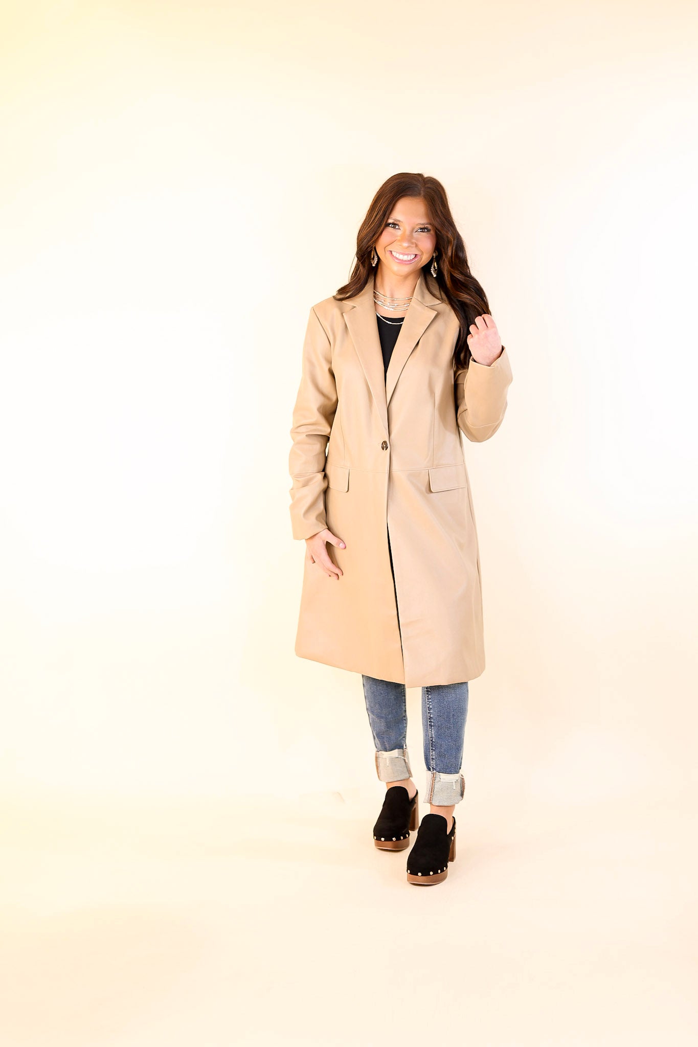 Espresso Run Long Faux Leather Coat with Button Front in Taupe