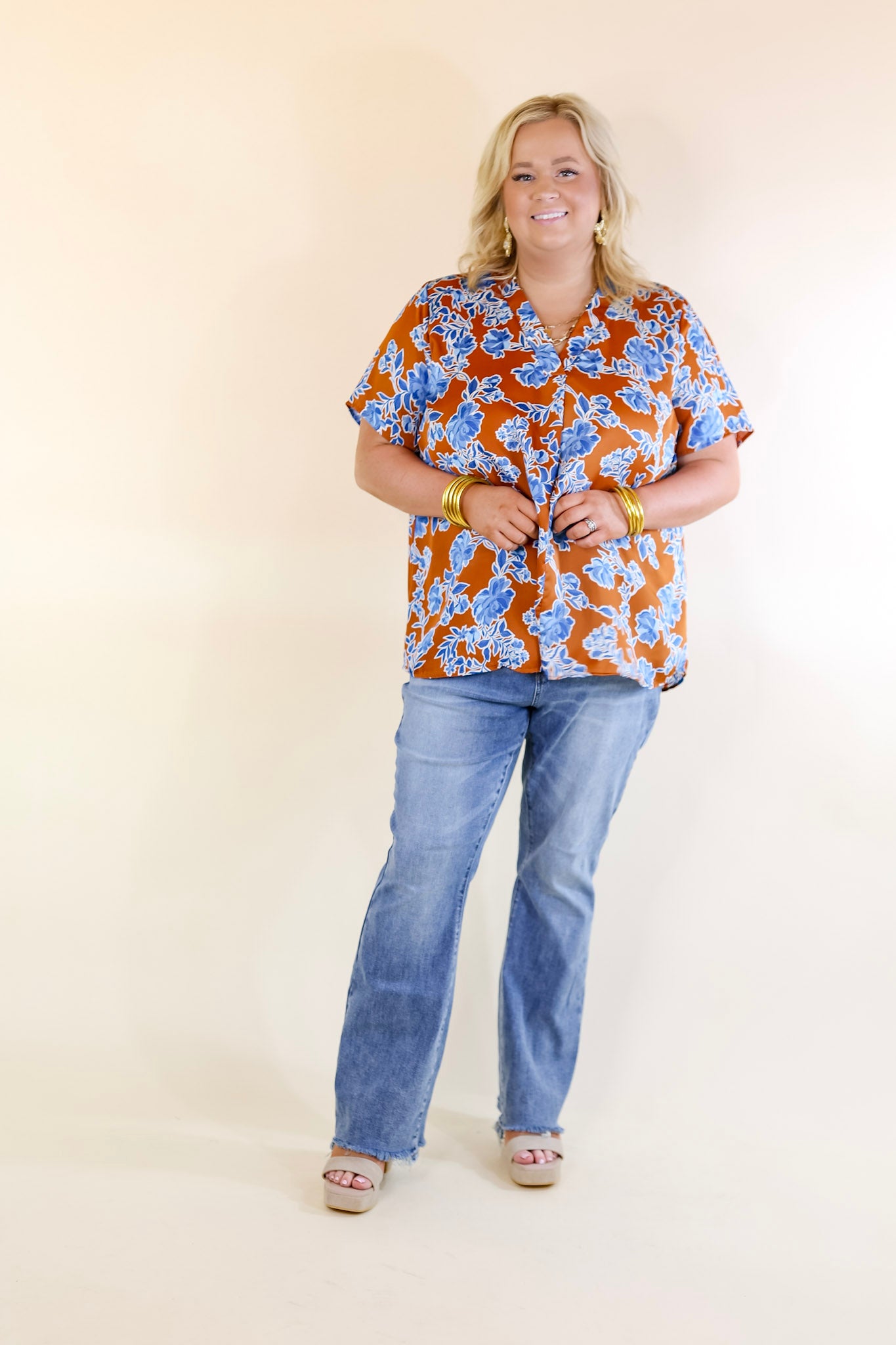 Whimsical Ways Floral Short Sleeve Blouse in Copper and Blue