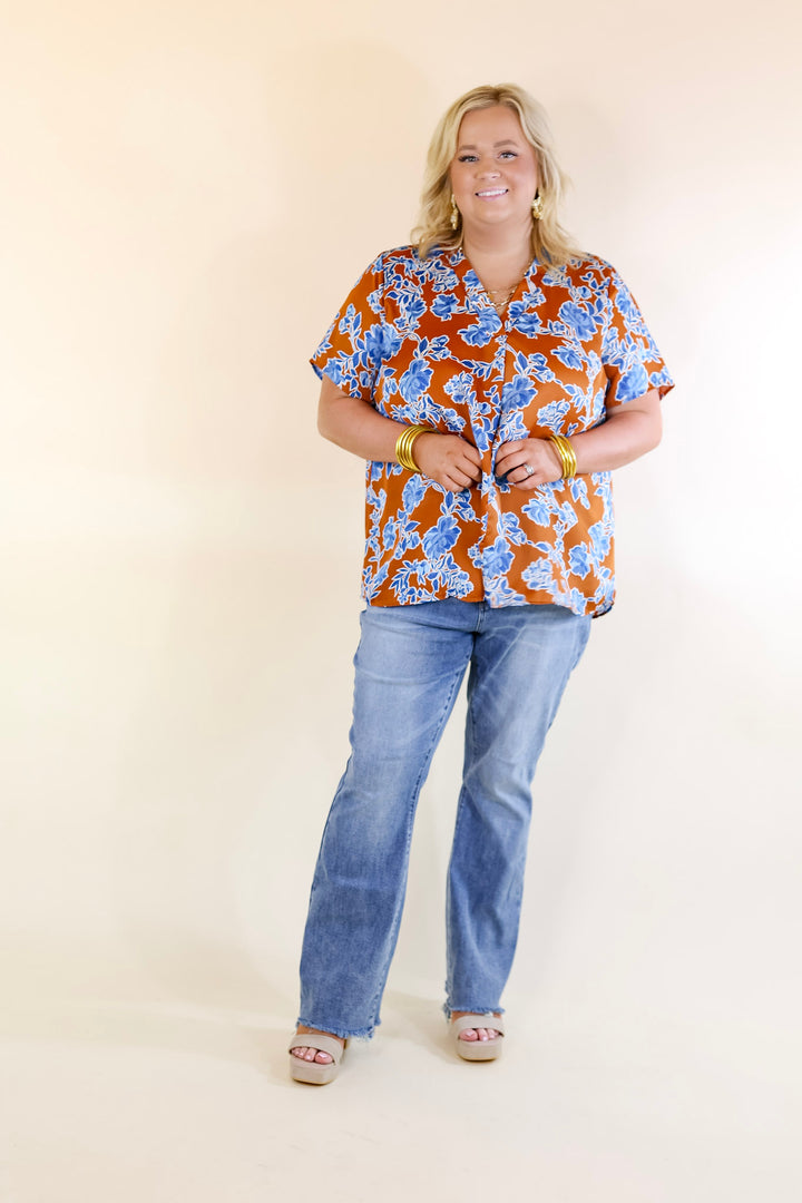 Whimsical Ways Floral Short Sleeve Blouse in Copper and Blue