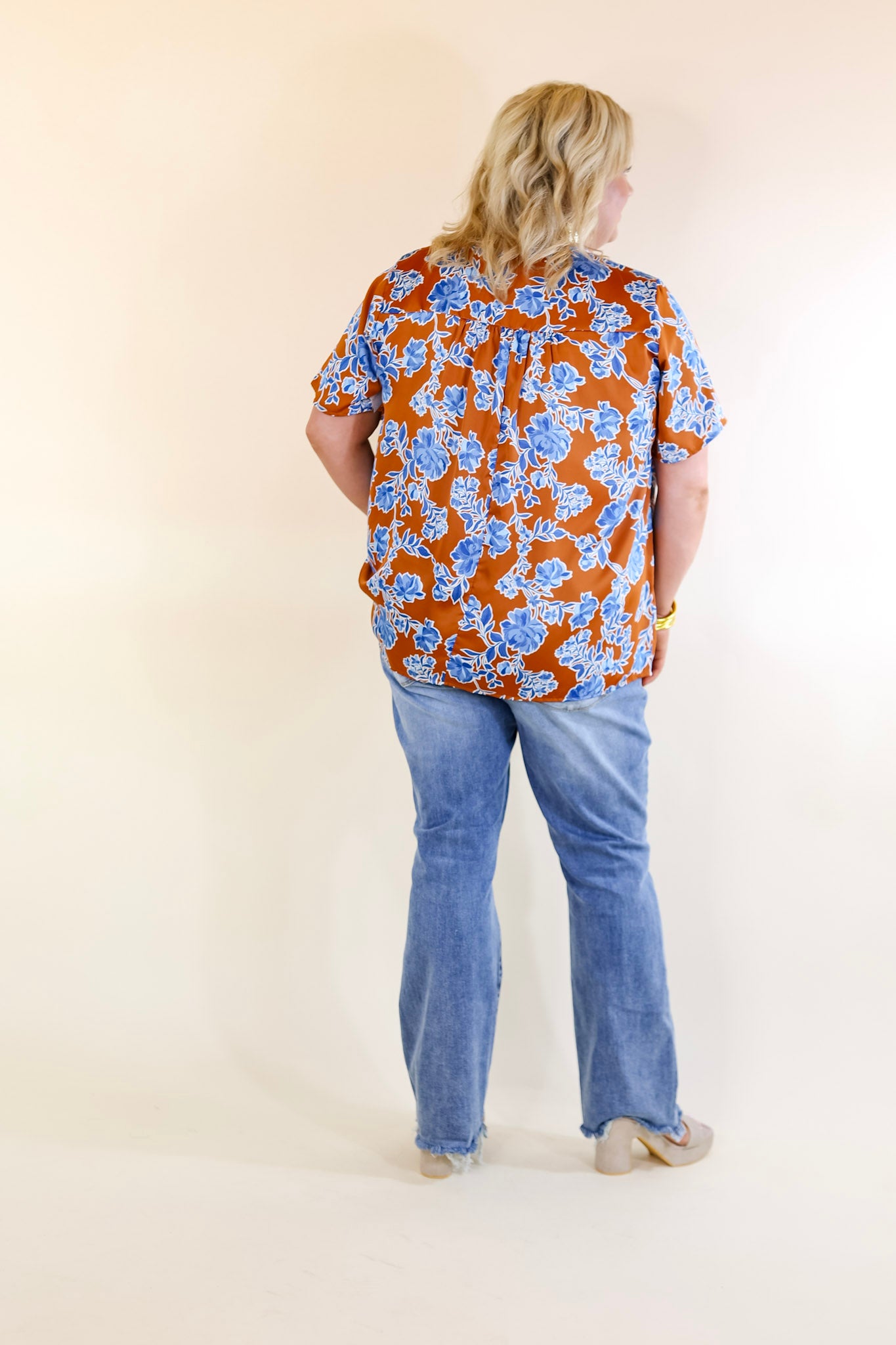 Whimsical Ways Floral Short Sleeve Blouse in Copper and Blue