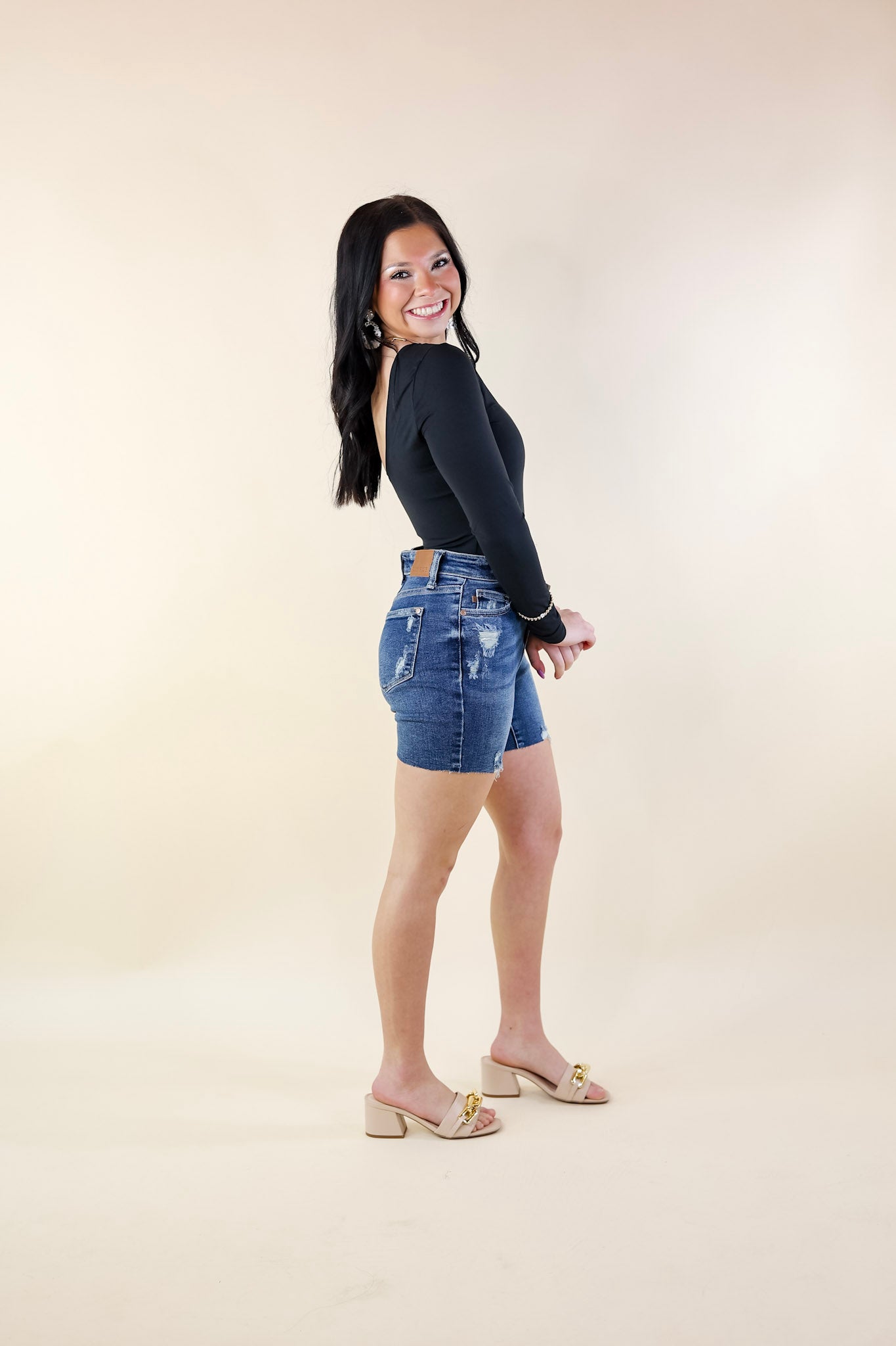 Judy Blue | Heat of the Moment High Rise Mid Thigh Distressed Denim Shorts in Dark Wash - Giddy Up Glamour Boutique