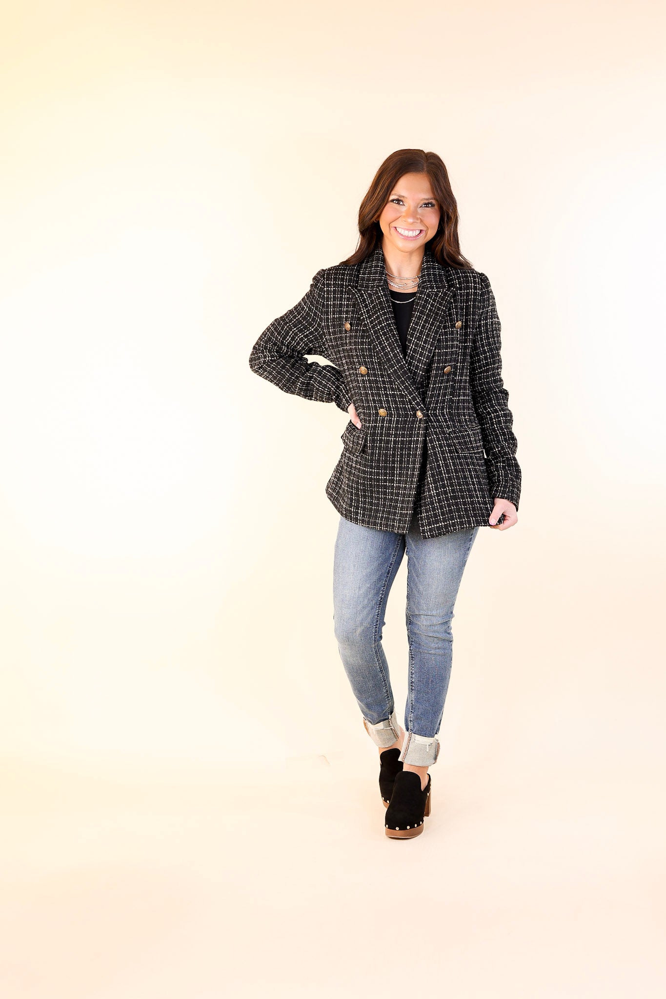 Timeless Tales Tweed Blazer with Bronze Buttons in Black