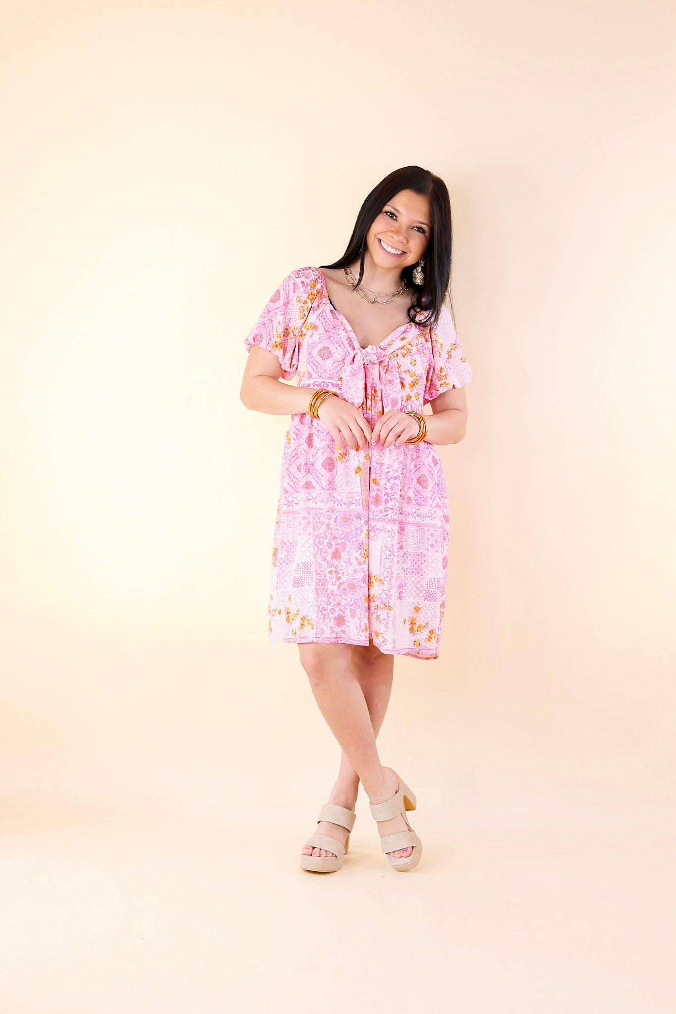 Down For Delight Floral Geometric Print Dress with Front Tie in Pink - Giddy Up Glamour Boutique