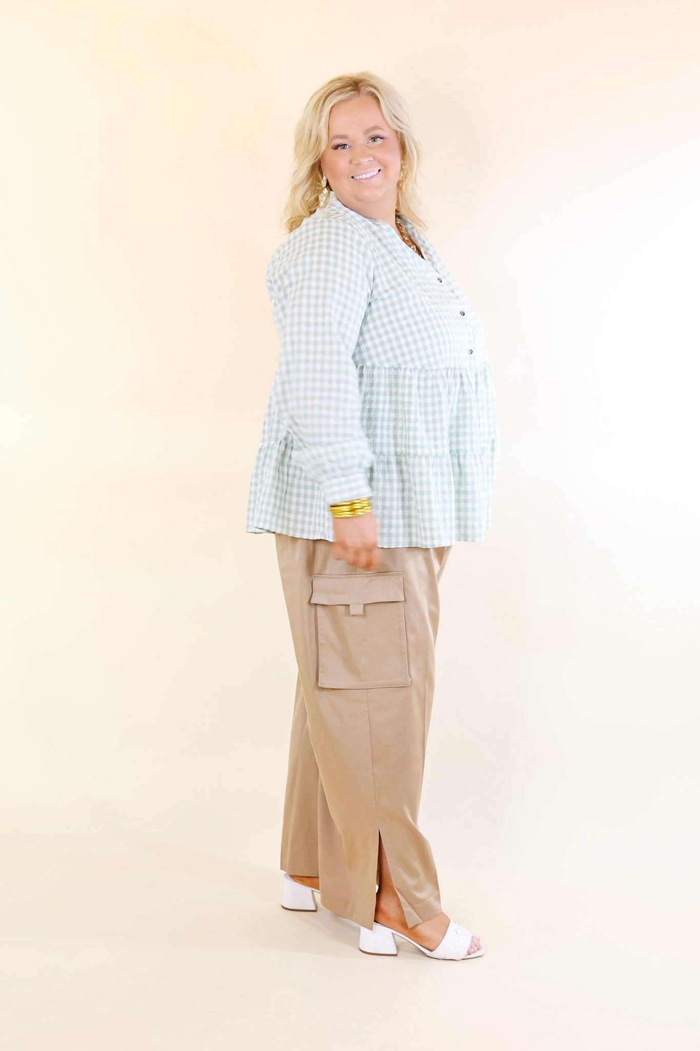 Wonderful Wishes Button Up Gingham Top with Long Sleeves in Sage Green