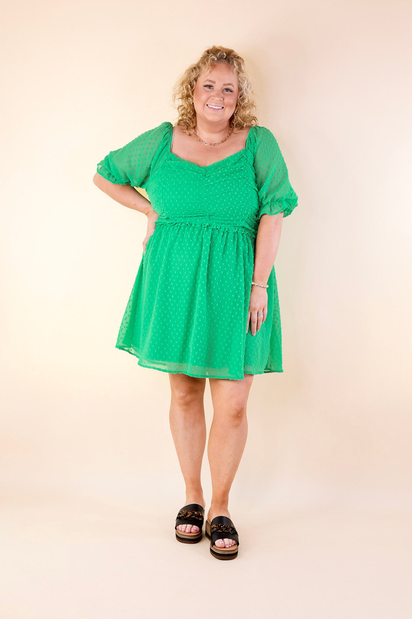 Favorite Adventure Swiss Dot Dress with Short Balloon Sleeves in Green - Giddy Up Glamour Boutique