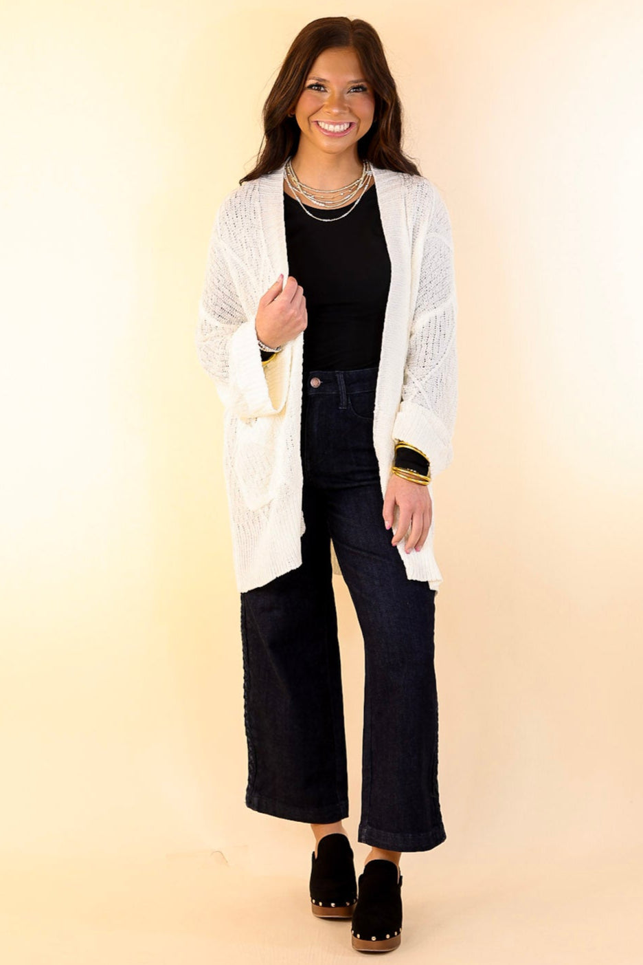 Fashionable Comfort Knit Cardigan with Pockets in Ivory