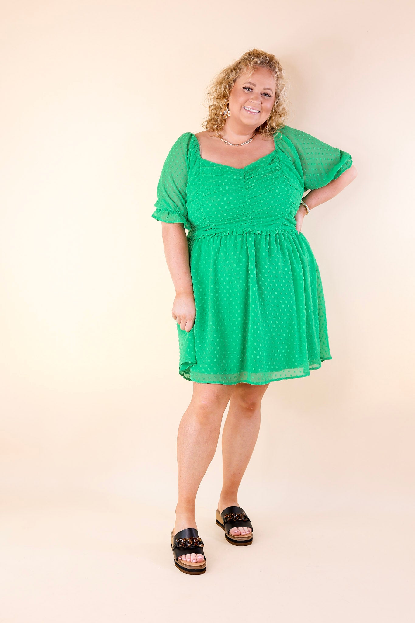 Favorite Adventure Swiss Dot Dress with Short Balloon Sleeves in Green - Giddy Up Glamour Boutique