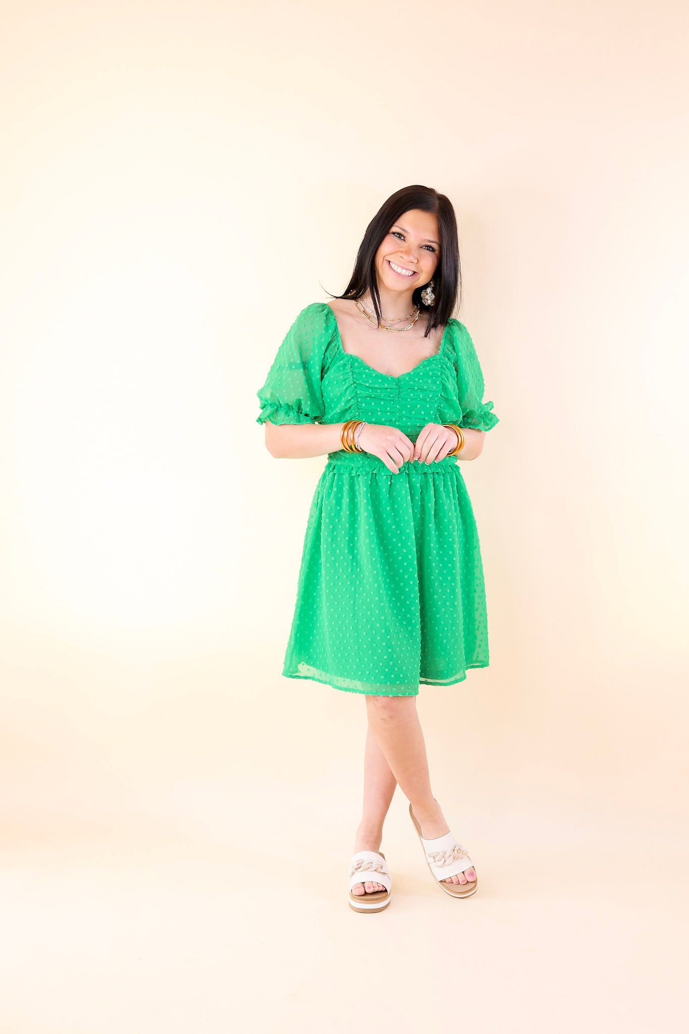 Favorite Adventure Swiss Dot Dress with Short Balloon Sleeves in Green - Giddy Up Glamour Boutique