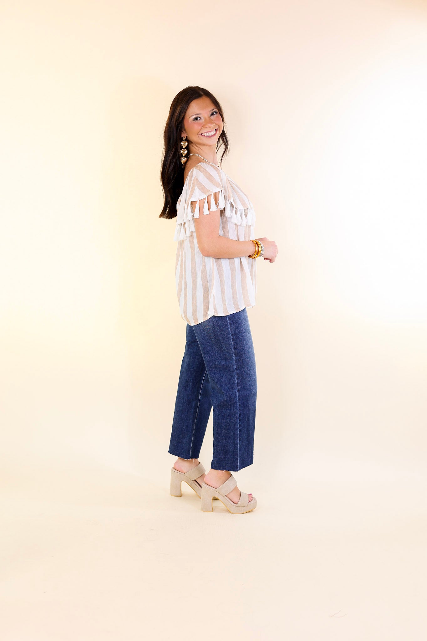 SoCal Sun Striped Off the Shoulder Top with Tassels in Ivory and Sand