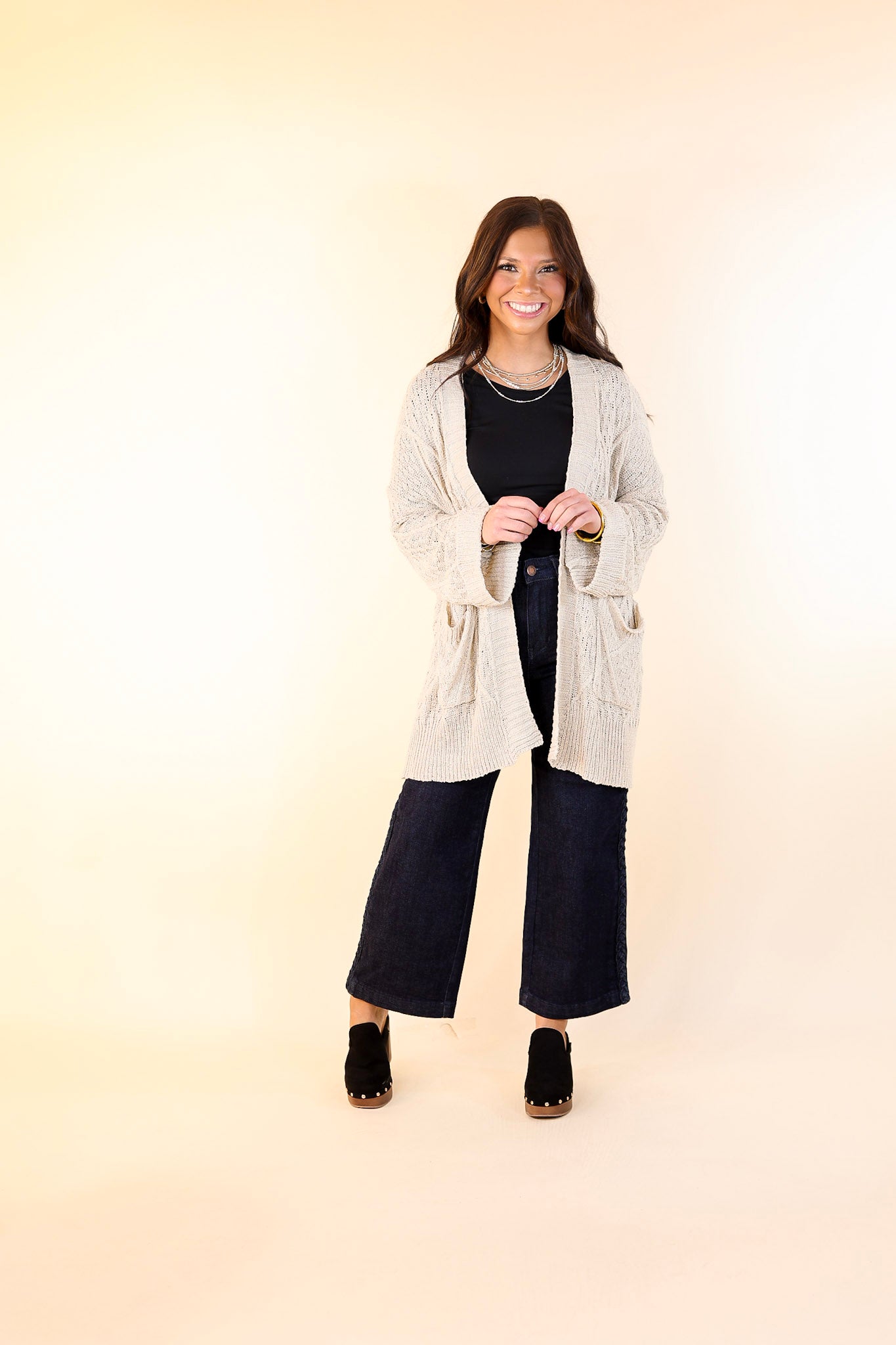 Fashionable Comfort Knit Cardigan with Pockets in Light Taupe